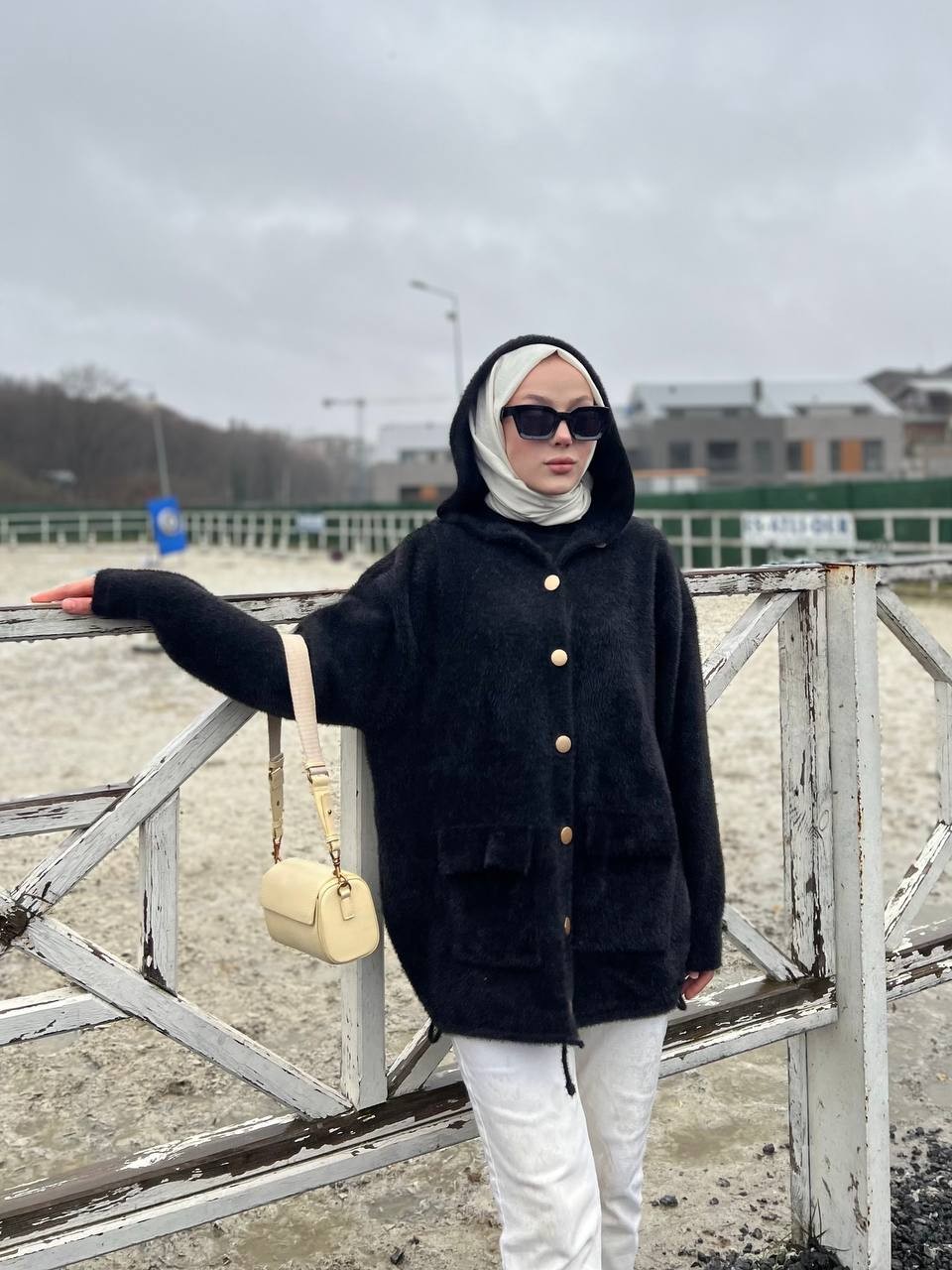 Mina Angora Premium Kapüşonlu Hırka - Siyah