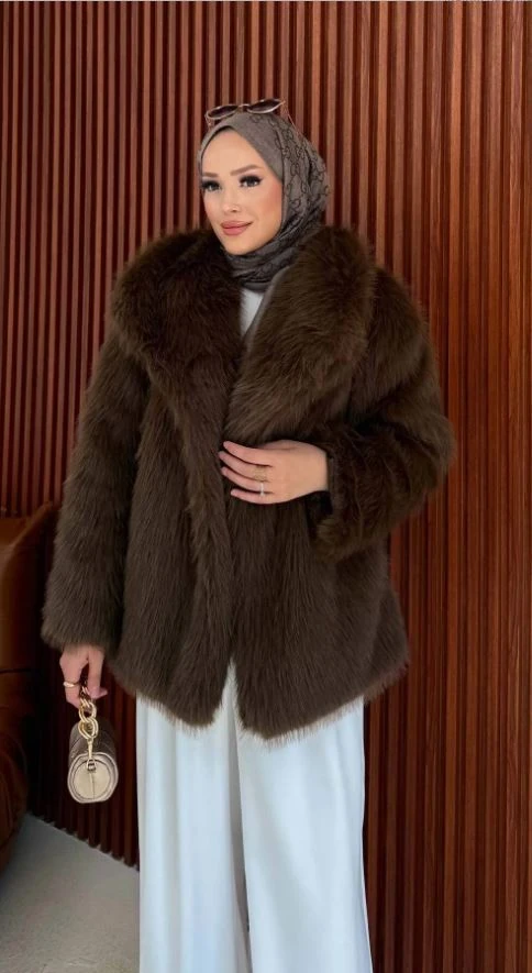 ELENİ Astarlı Cepli Suni Kürk Ceket - Kahverengi