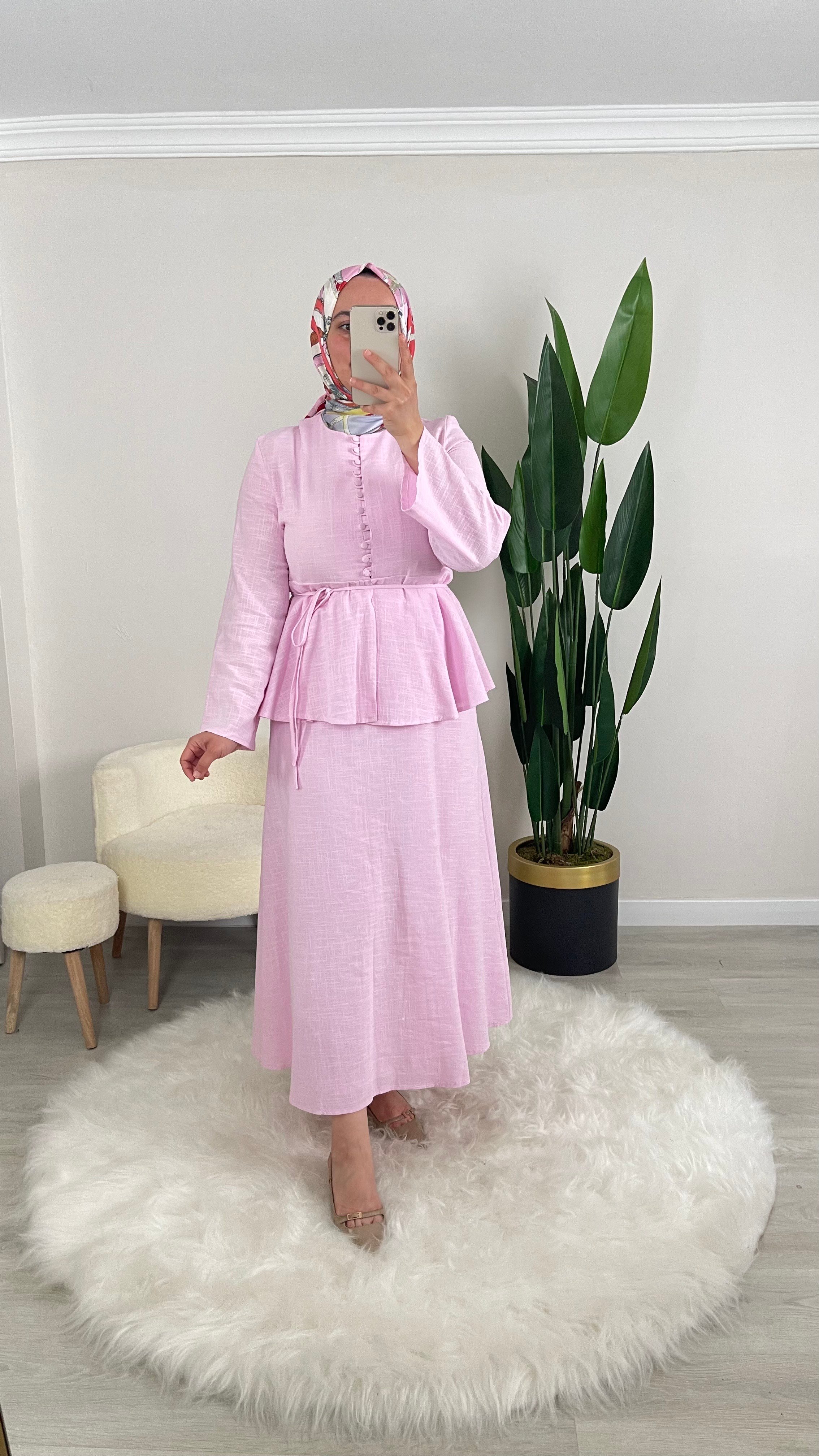 QUENN BRİT DÜĞMELİ SEYYAR KEMERLİ ELBİSE - Pembe