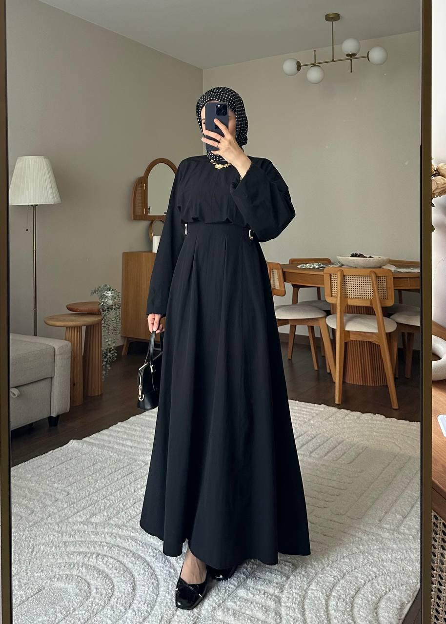 MİRAY Toka Detaylı Poplin Piliseli Uzun Elbise