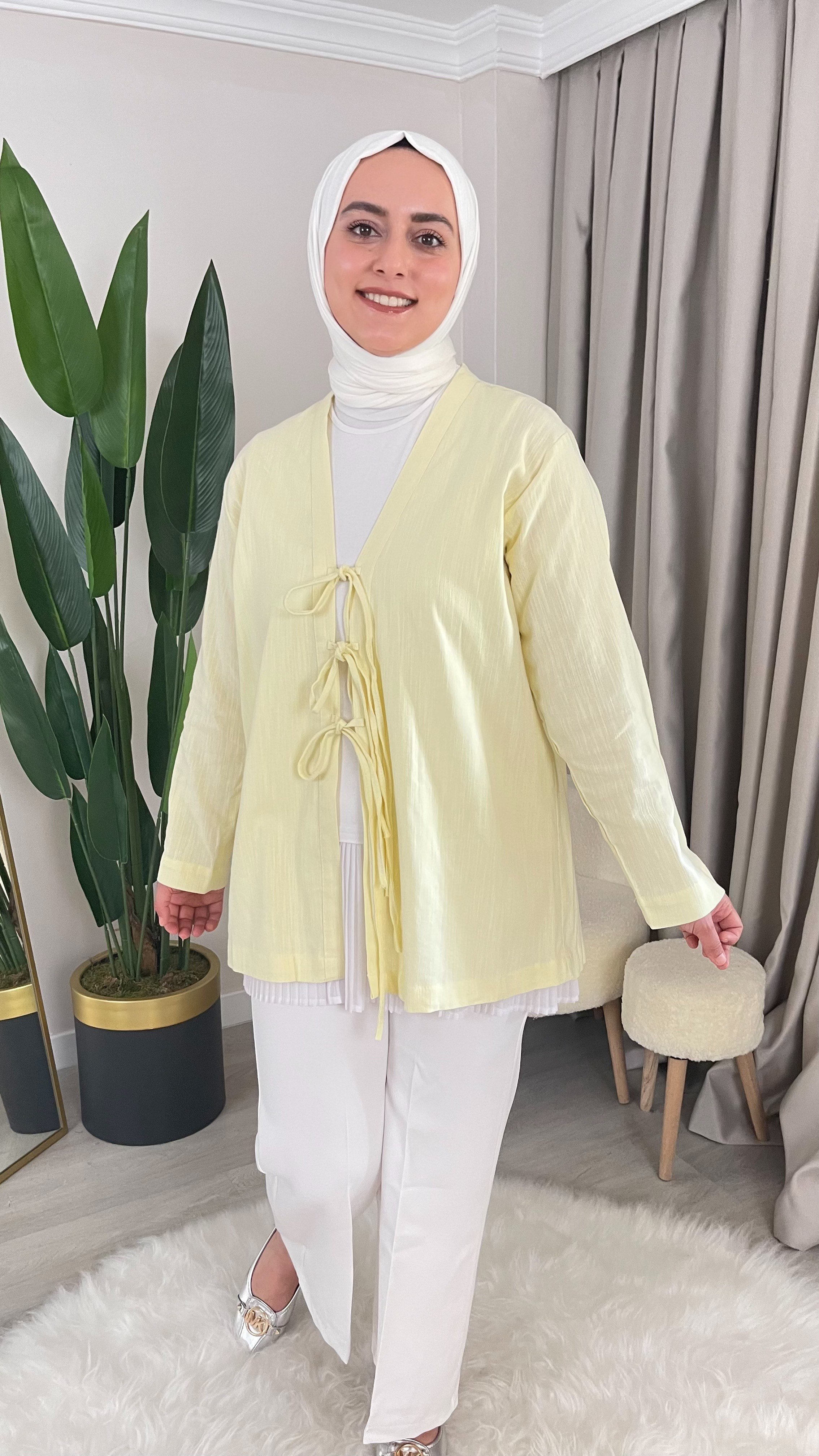 AYDA İp Bağlama Detaylı Tensel Kumaş Kimono Gömlek - Sarı