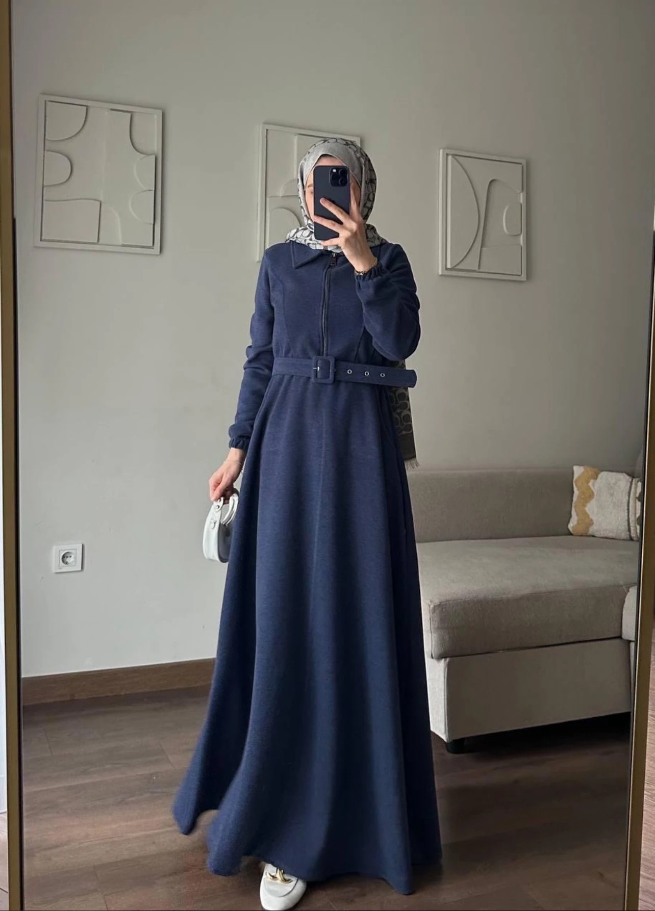 FERİHA Örme Kumaş Fermuarlı Kemerli Uzun Elbise  - koyu lacivert