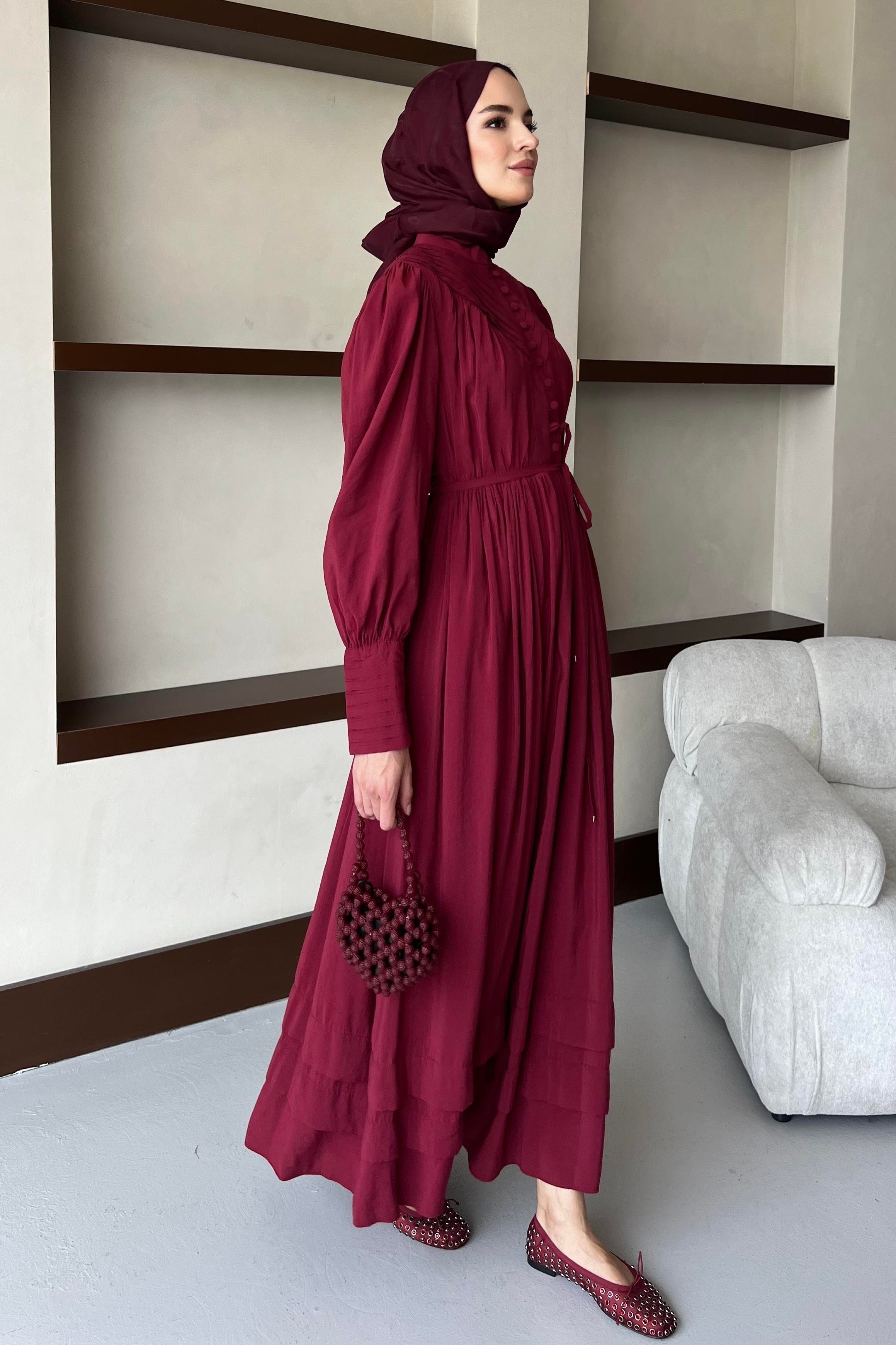 ALMİLA Brid Düğme Detaylı-Balon Kollu Modal Kumaş Elbise