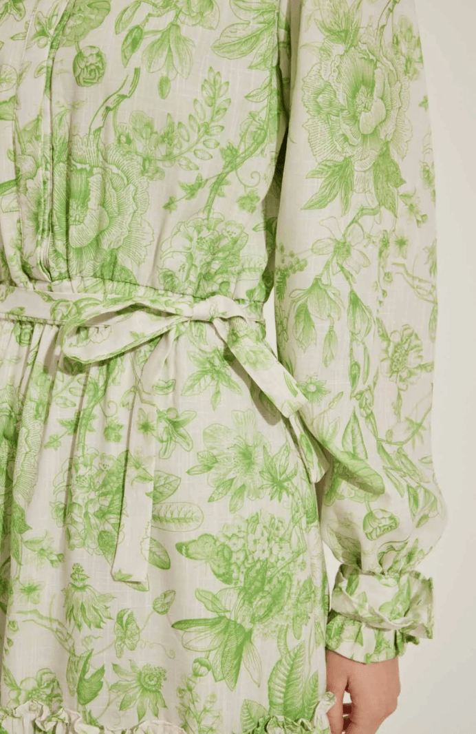 SOFT FLORAL KETEN ELBİSE - YEŞİL