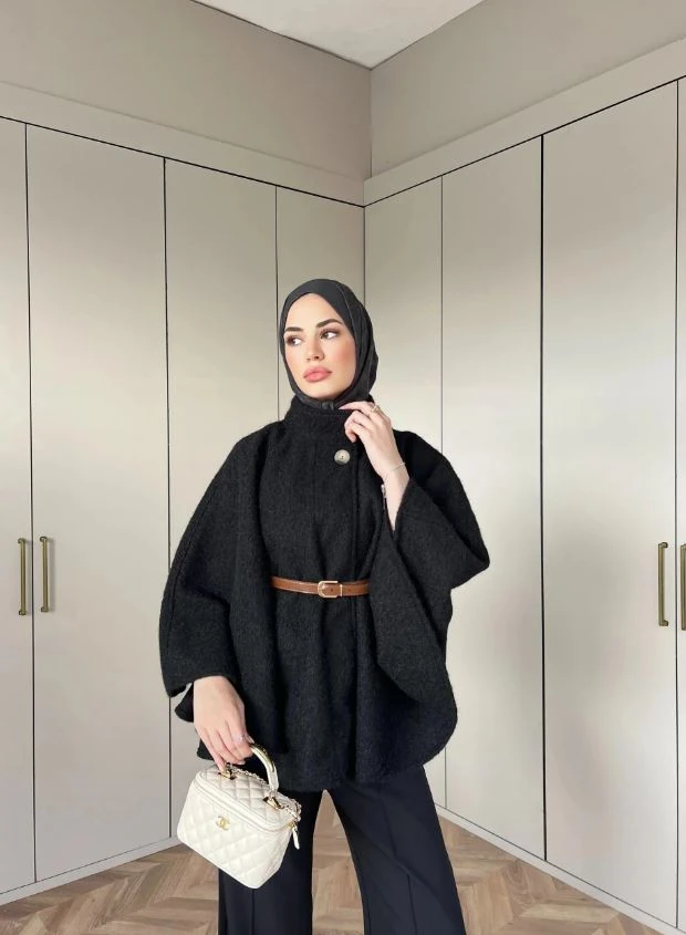 JASMİN Kemerli Düğmeli Kaşe Panço - Siyah