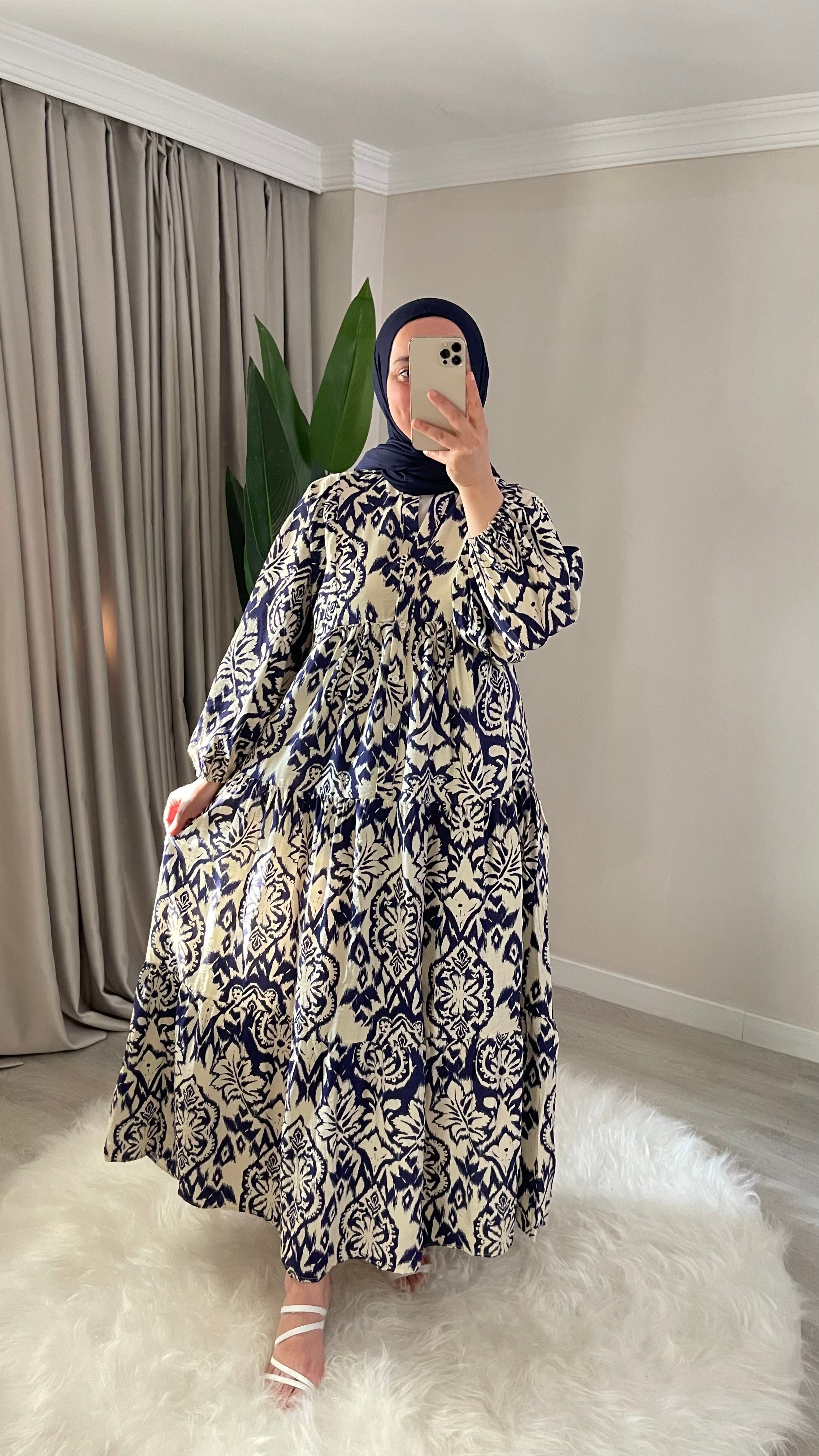 Yasemin Çiçekli - Modal Kumaş - Desenli Uzun Yazlık Elbise - Lacivert