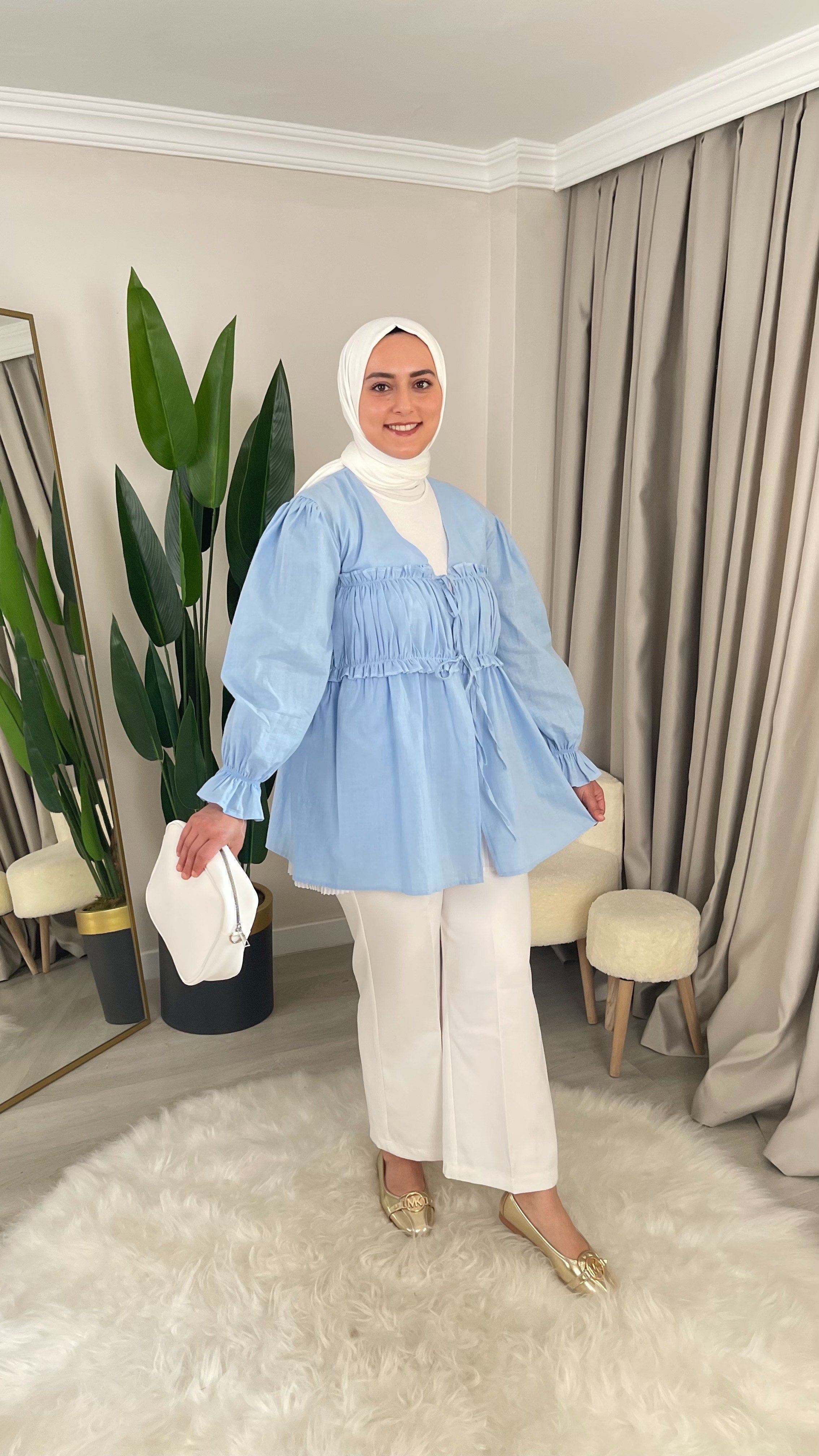 HERA Büzgülü - İp Bağlama Detaylı Keten Kumaş Kimono Gömlek
