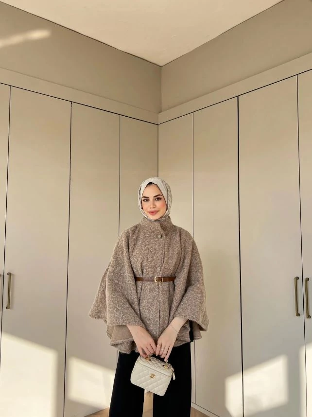 JASMİN Kemerli Düğmeli Kaşe Panço - Kahverengi