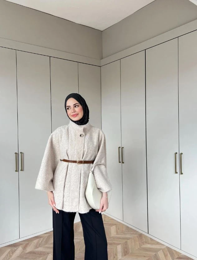 JASMİN Kemerli Düğmeli Kaşe Panço - Krem