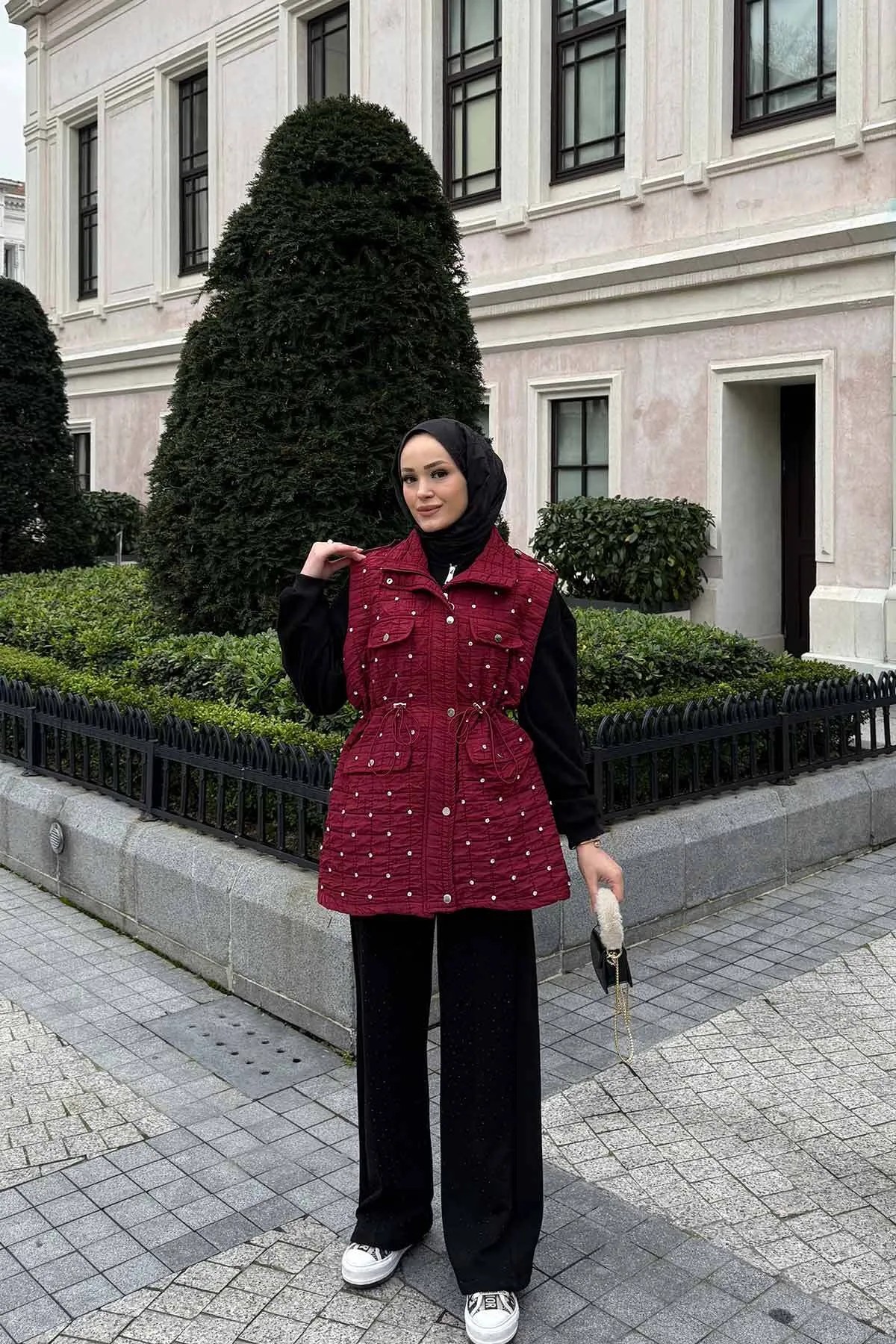 Clara Taşlı Kapitone Yelek  - Bordo