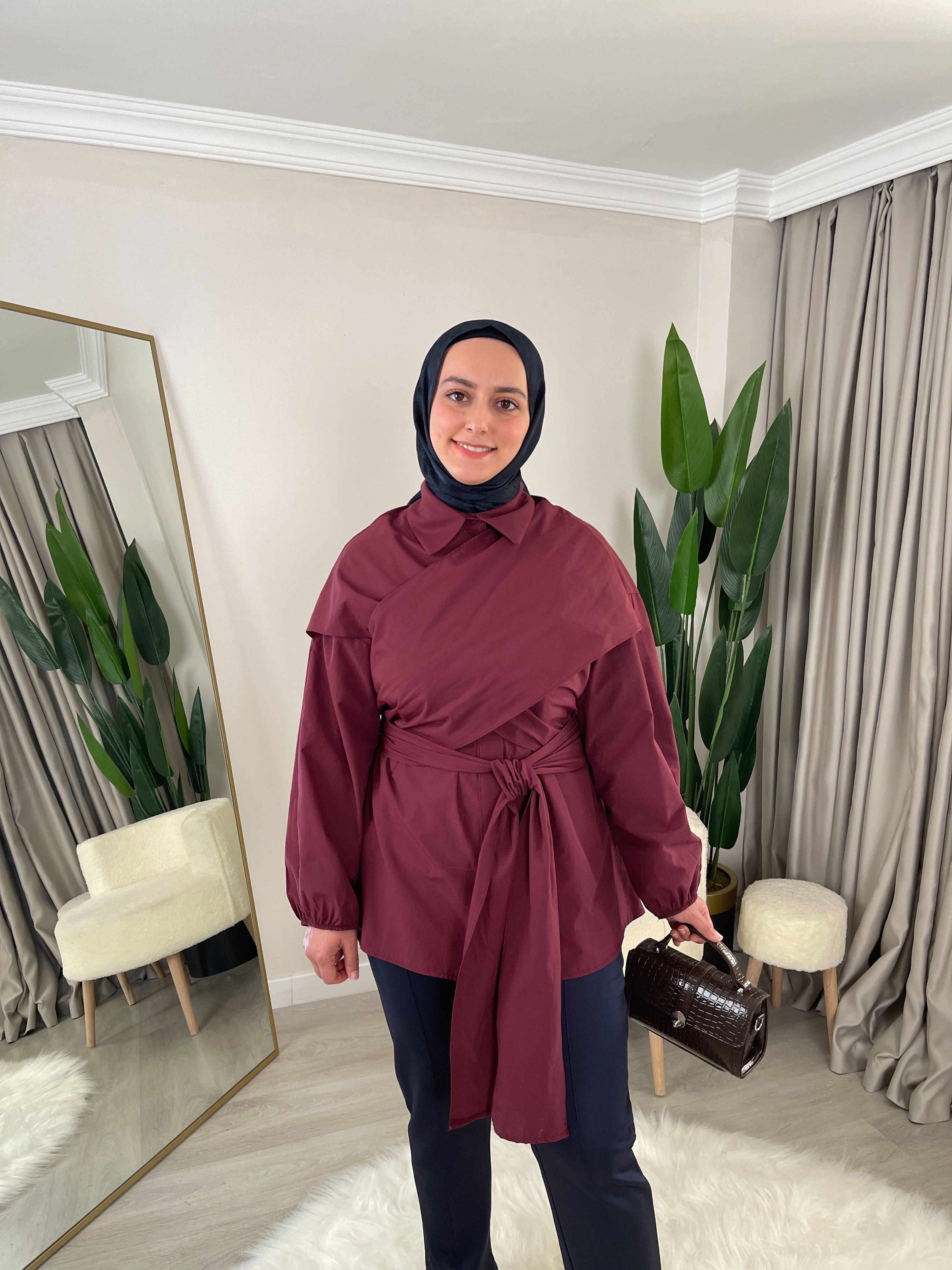 Banu Çapraz Bağlamalı Poplin Gömlek - Bordo