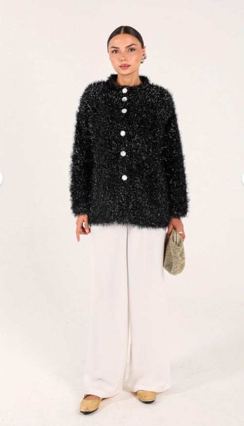 GÖNÜL Sakallı Kumaş Düğmeli Hırka - Siyah