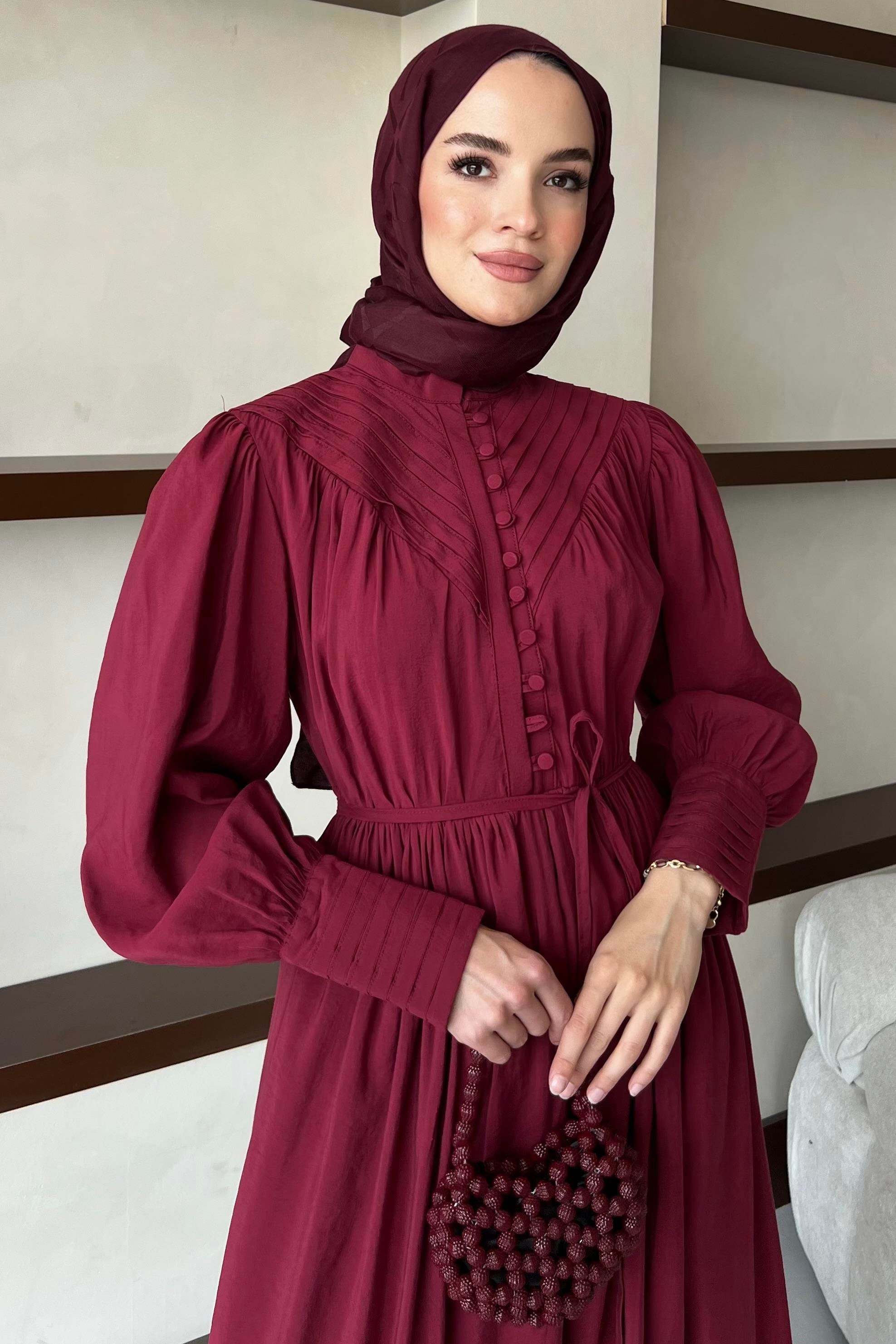 ALMİLA Brid Düğme Detaylı-Balon Kollu Modal Kumaş Elbise - Bordo