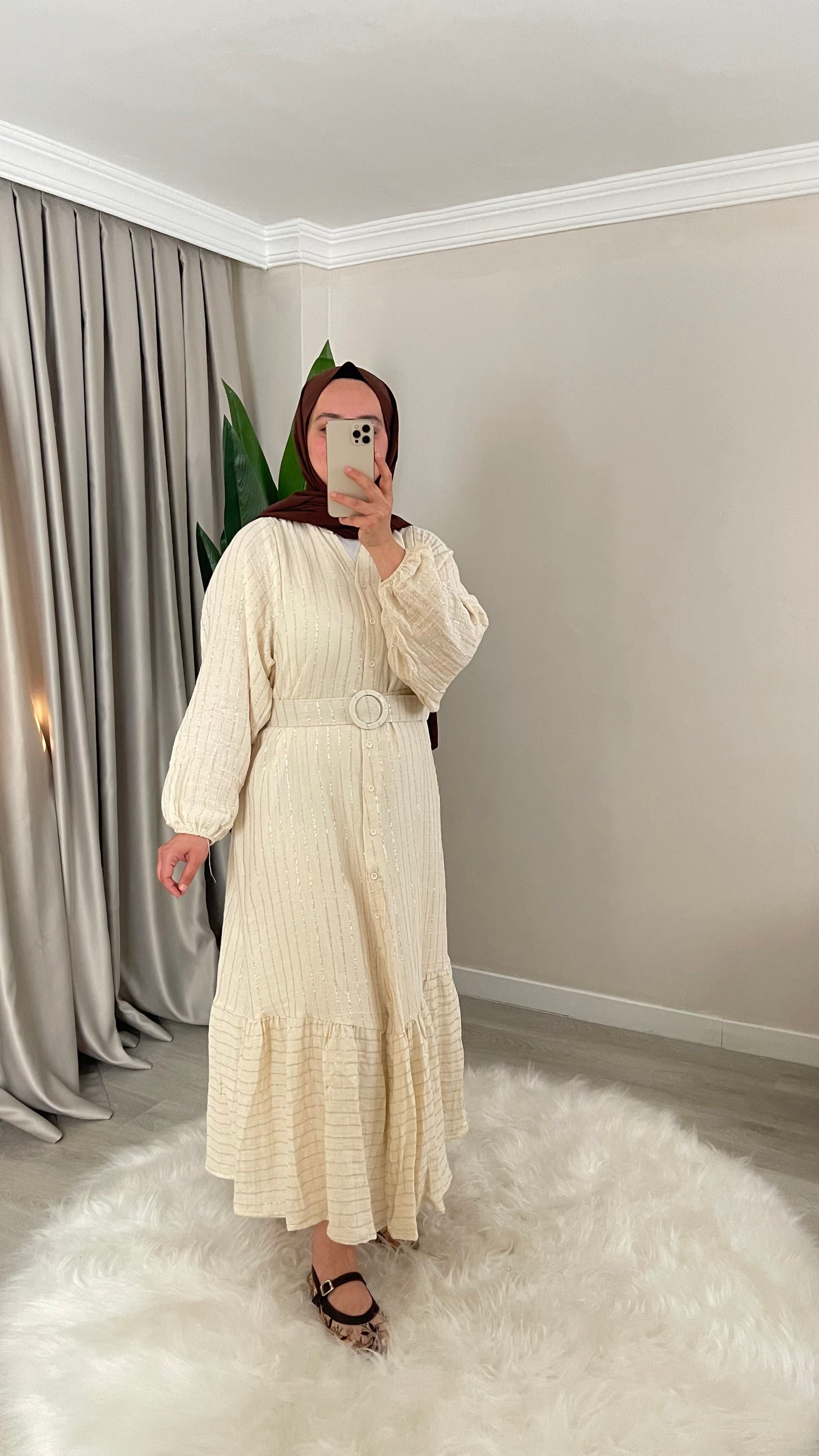 BERRAK Müslin Kumaş Kemerli Elbise - Krem