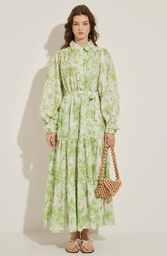 SOFT FLORAL KETEN ELBİSE - YEŞİL