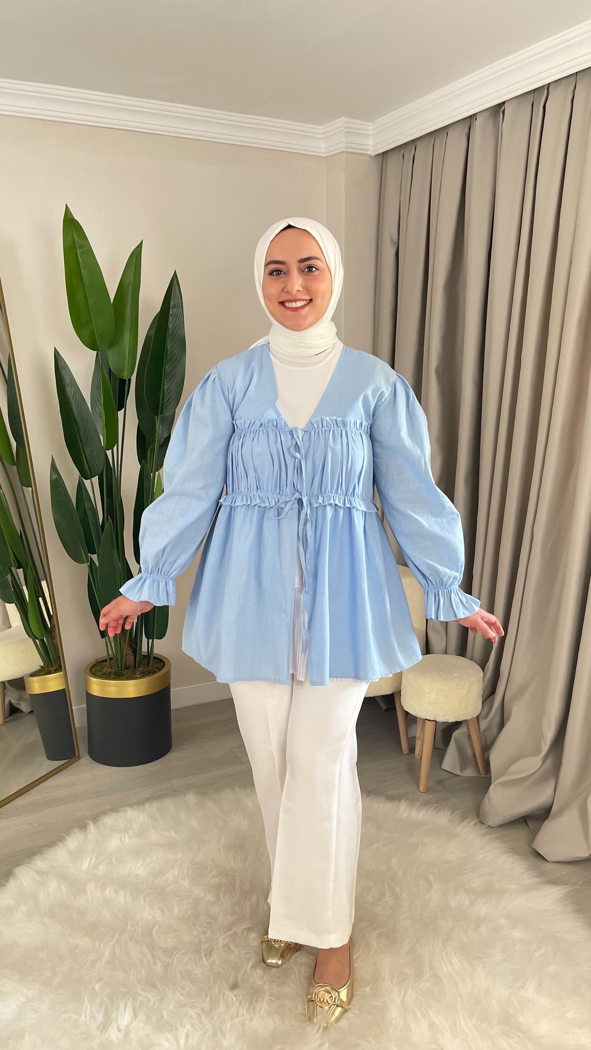 HERA Büzgülü - İp Bağlama Detaylı Keten Kumaş Kimono Gömlek