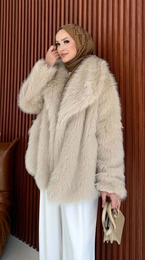 ELENİ Astarlı Cepli Suni Kürk Ceket - Vizon