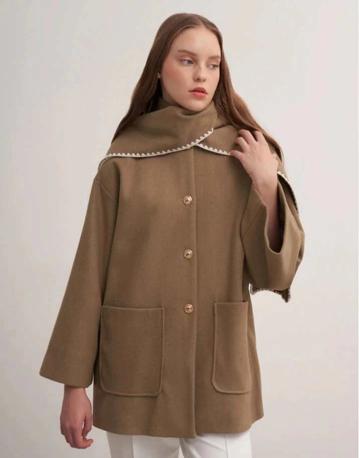 CEYDA Nakışlı Pelerinli Kaşe Kaban