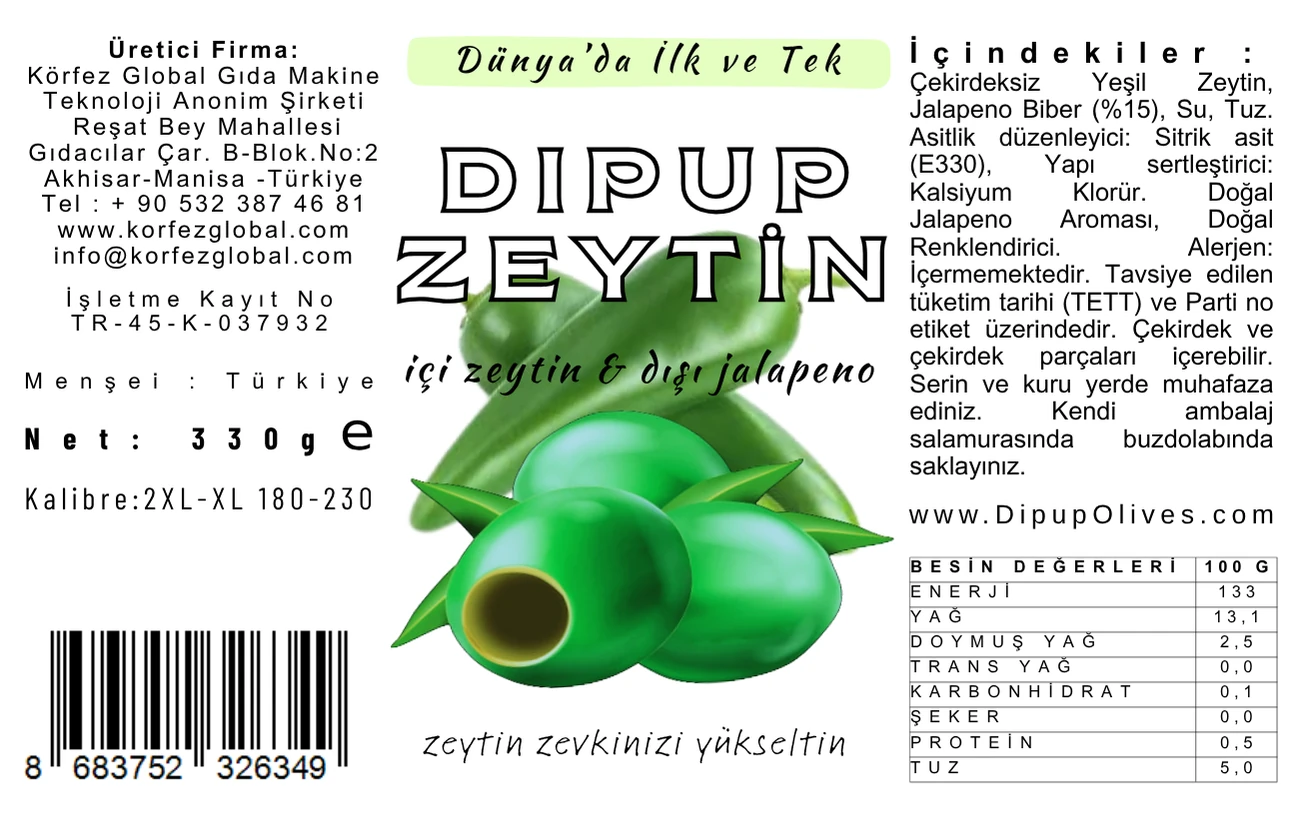 330 GR KAVANOZ JALAPENO BİBERLİ DIPUP ZEYTİN