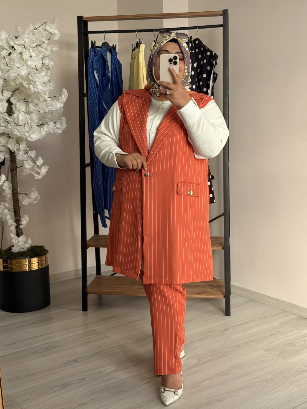 Büyük Beden Yelek Takım Turuncu Çizgili