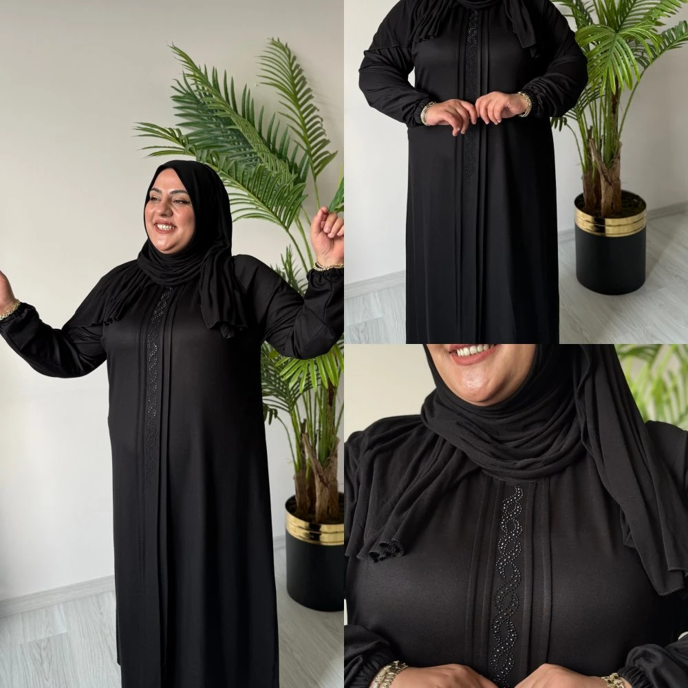 Büyük Beden Elbise ortası taş detaylı