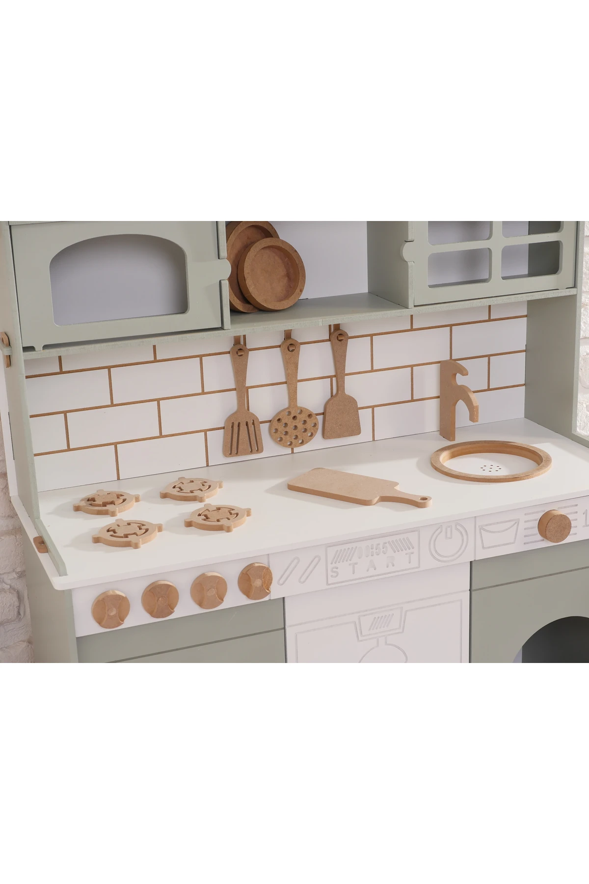 Boyalı Ihlamur Ahşap Oyuncak Bulaşık Makine Detaylı Mutfak (Tabak ve Spatula Seti Hediye)