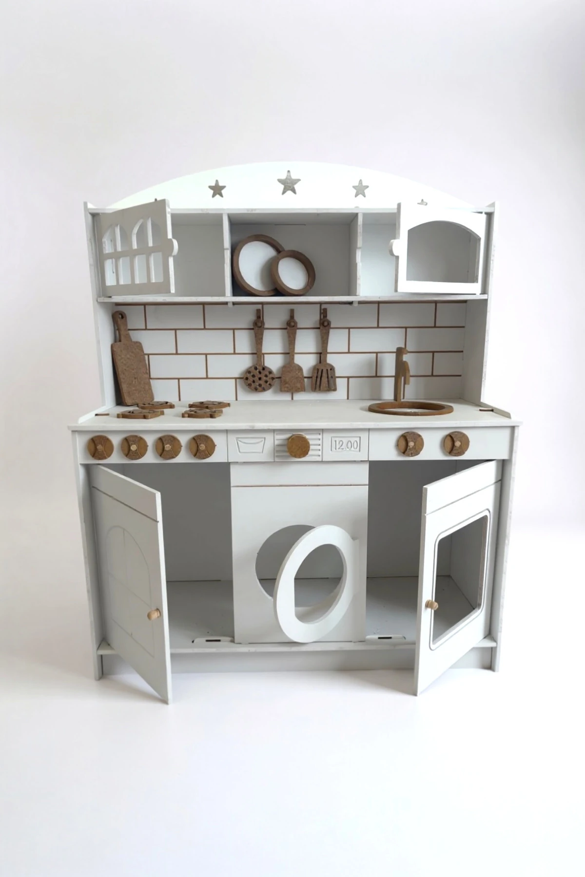 Beyaz Boyalı Ahşap Oyuncak Mutfak Servis Seti