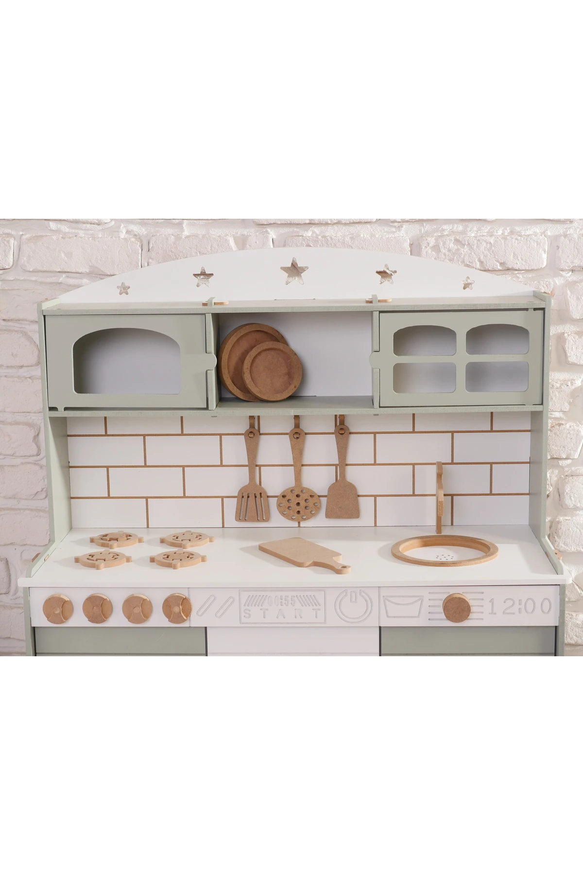 Boyalı Ihlamur Ahşap Oyuncak Bulaşık Makine Detaylı Mutfak (Tabak ve Spatula Seti Hediye)