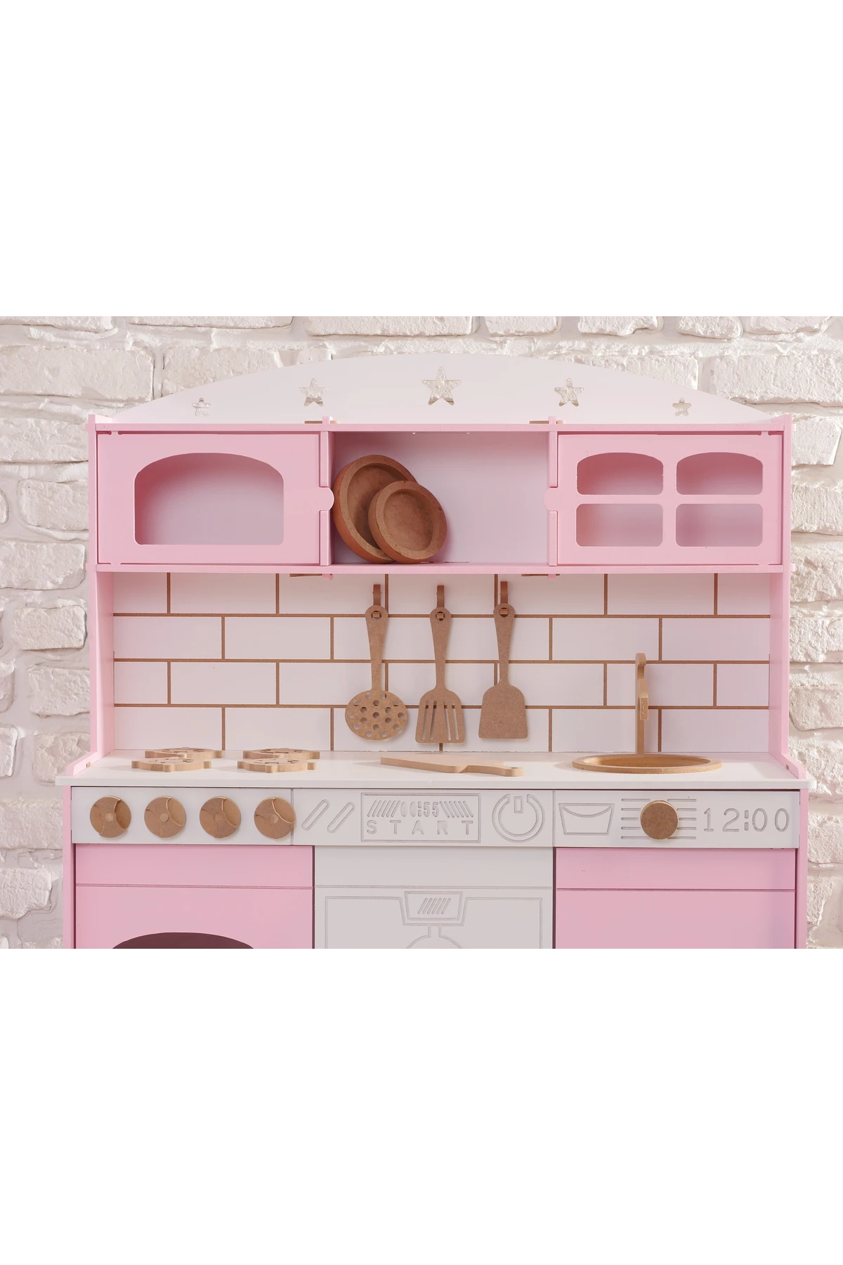 Boyalı Pembe Ahşap Oyuncak Bulaşık Makine Detaylı Mutfak (Tabak ve Spatula Seti Hediye)