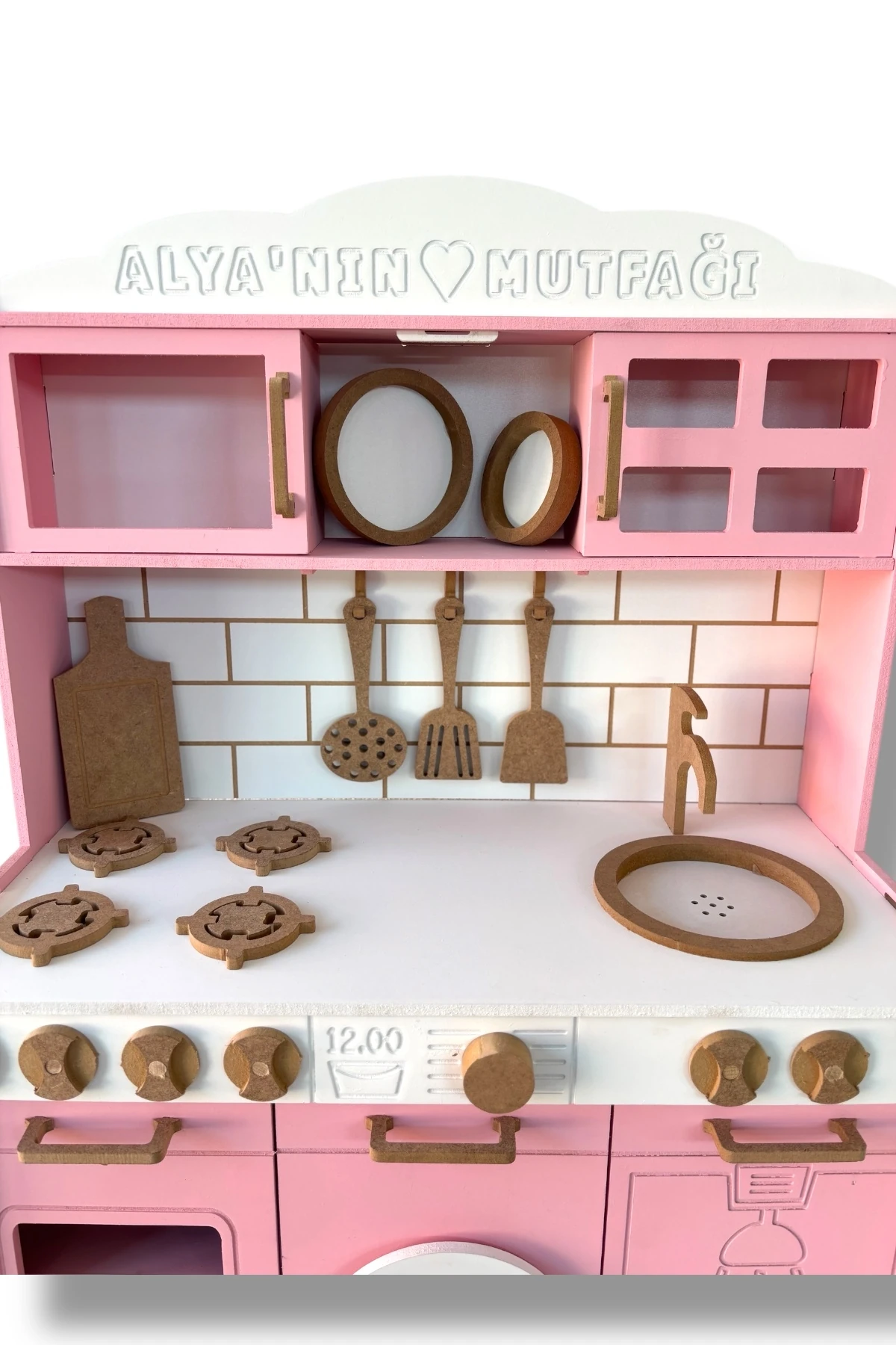 Ahşap Pembe Boyalı İsim Yazılabilir Mutfak 14 Parça Servis Seti Hediyeli