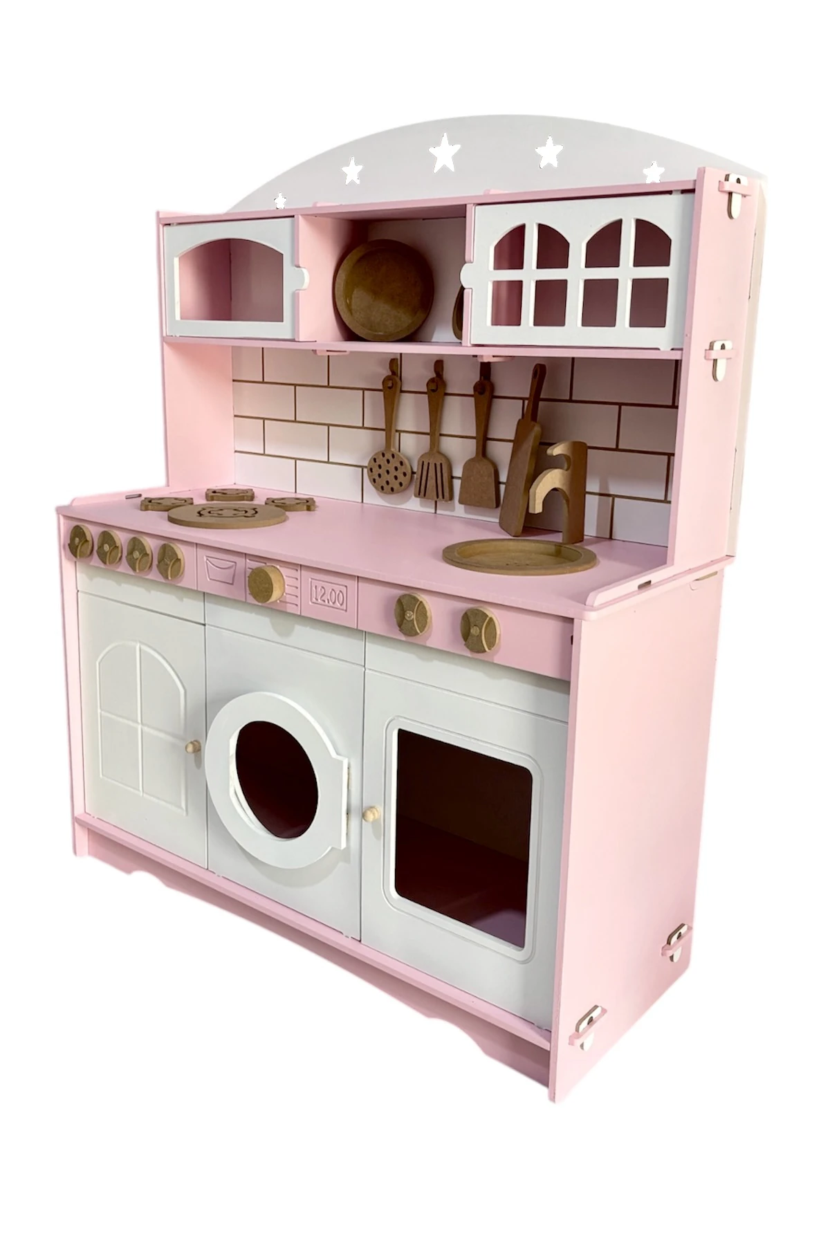 Boyalı Pembe Ahşap Oyuncak Mutfak (Tabak ve Spatula Seti )