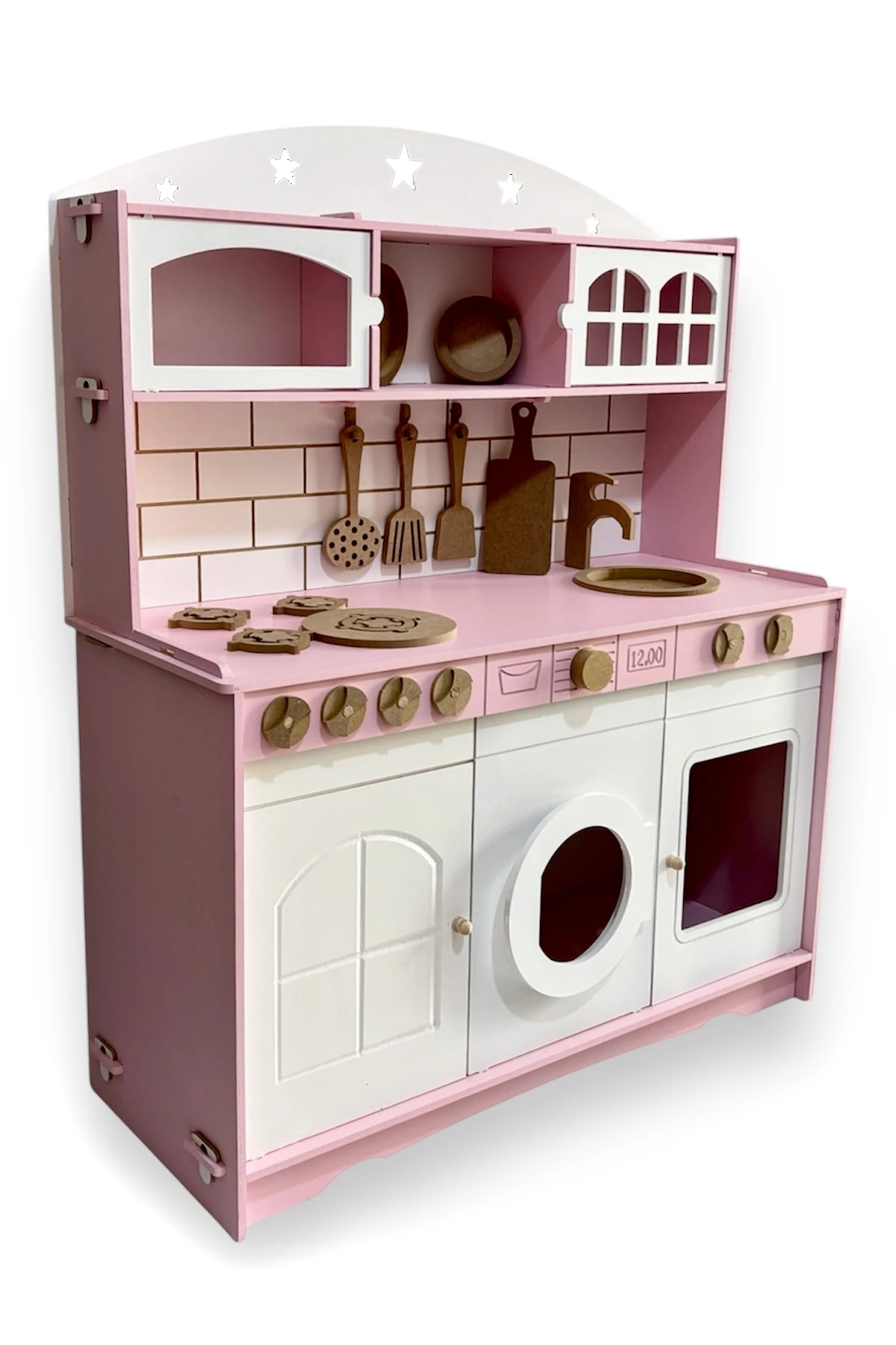 Boyalı Ahşap Oyuncak Mutfak Servis Seti Pembe- Beyaz