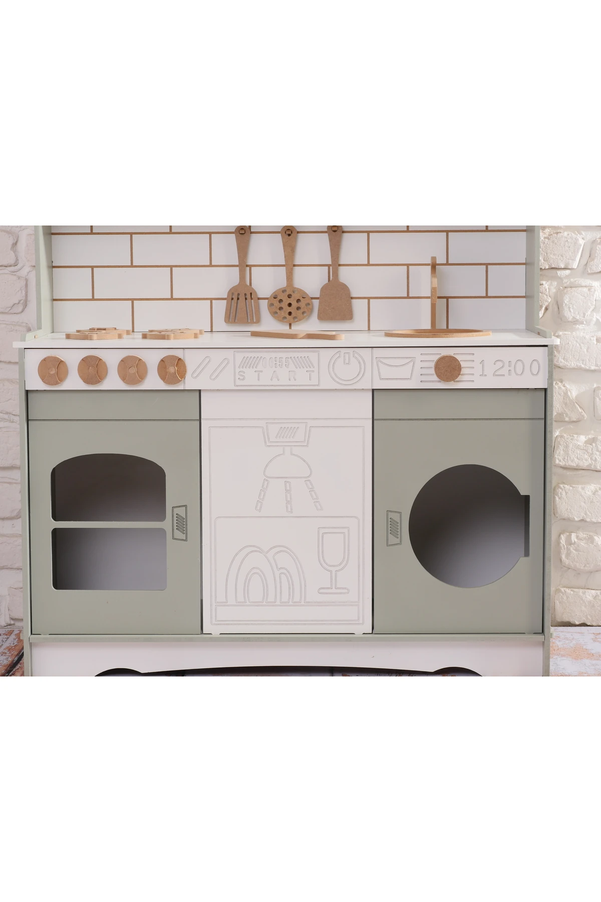 Boyalı Ihlamur Ahşap Oyuncak Bulaşık Makine Detaylı Mutfak (Tabak ve Spatula Seti Hediye)