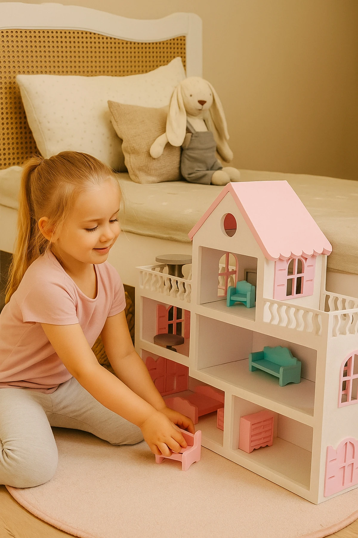 Pembe Boyalı Ahşap Evcilik Bebek Evi Oyuncak (15 Adet Mobilya Hediyeli)