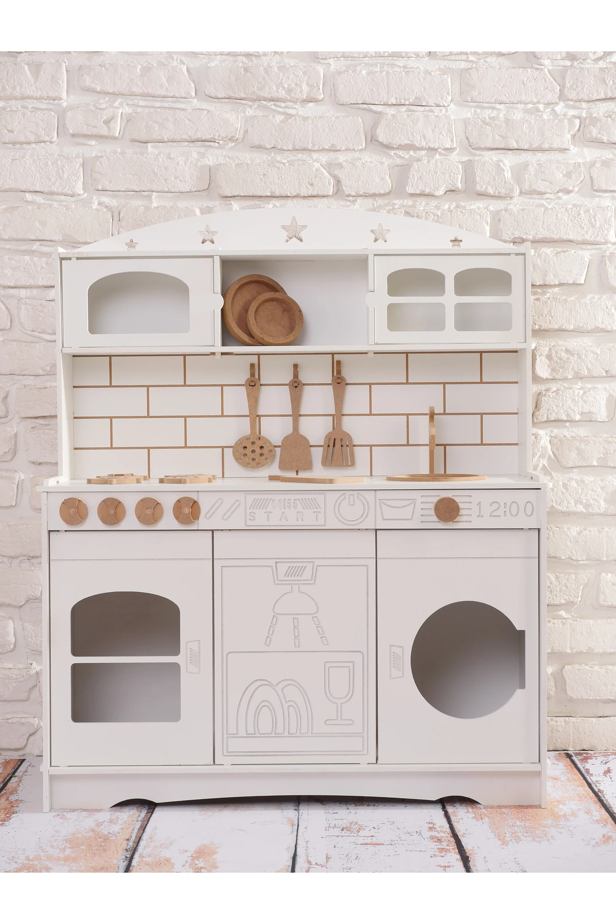 Boyalı Beyaz Ahşap Oyuncak Bulaşık Makine Detaylı Mutfak (Tabak ve Spatula Seti Hediye)