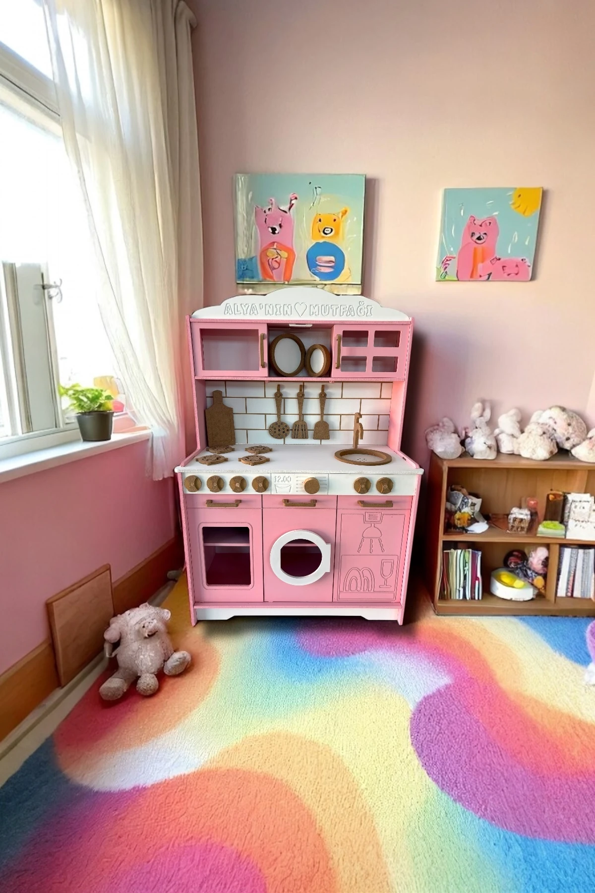 Ahşap Pembe Boyalı İsim Yazılabilir Mutfak 14 Parça Servis Seti Hediyeli