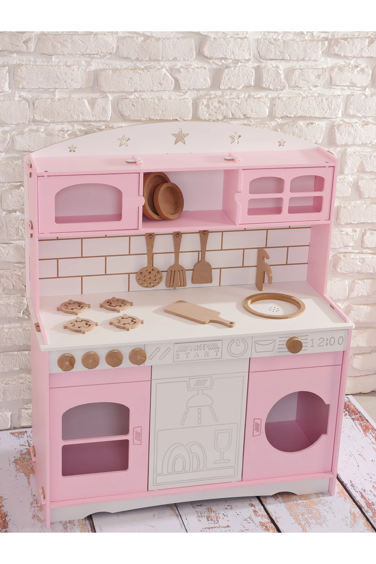 Boyalı Pembe Ahşap Oyuncak Bulaşık Makine Detaylı Mutfak (Tabak ve Spatula Seti Hediye)