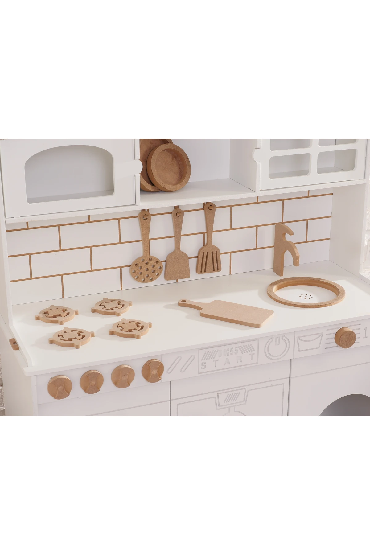 Boyalı Beyaz Ahşap Oyuncak Bulaşık Makine Detaylı Mutfak (Tabak ve Spatula Seti Hediye)