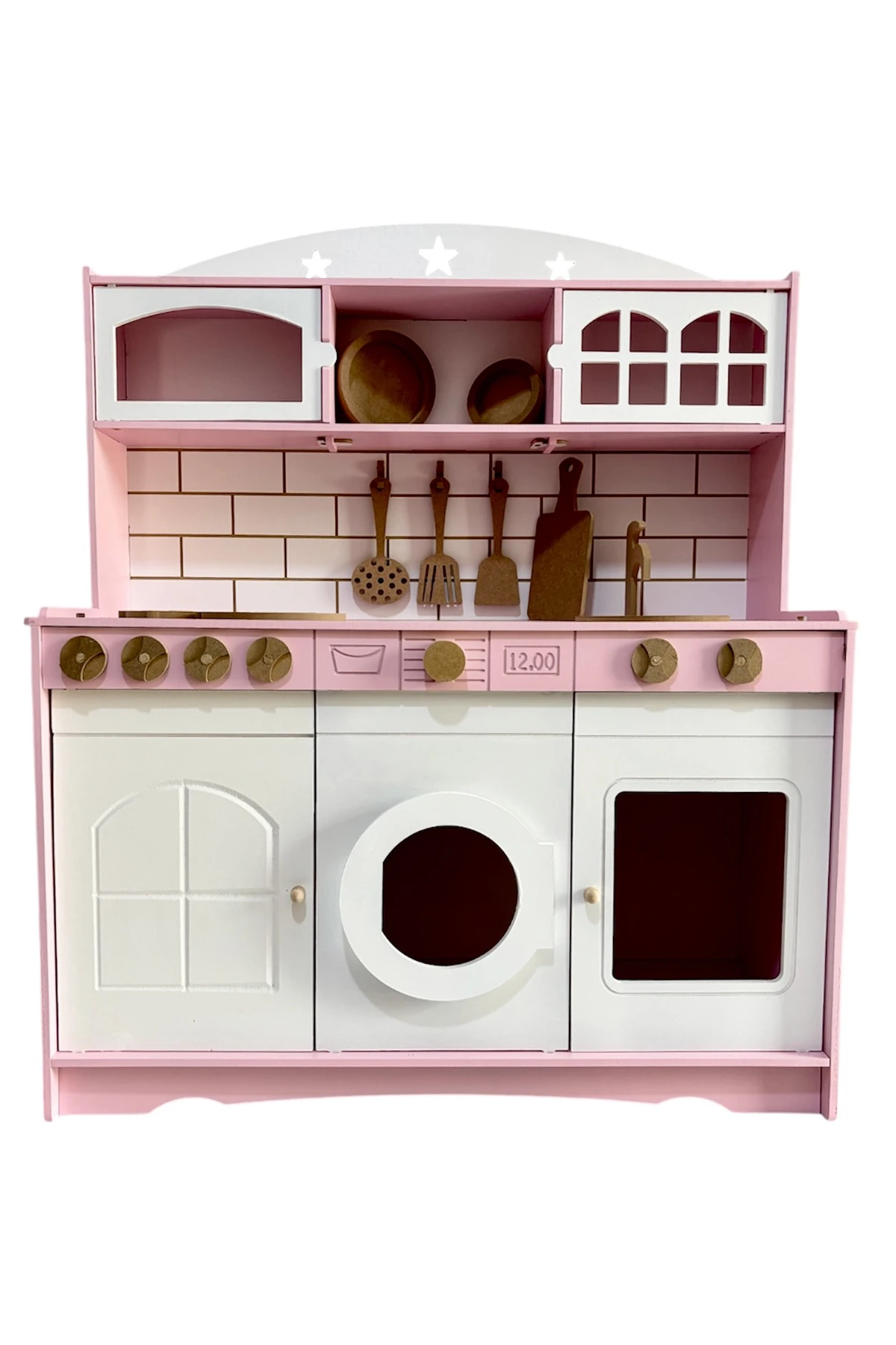 Boyalı Pembe Ahşap Oyuncak Mutfak (Tabak ve Spatula Seti )