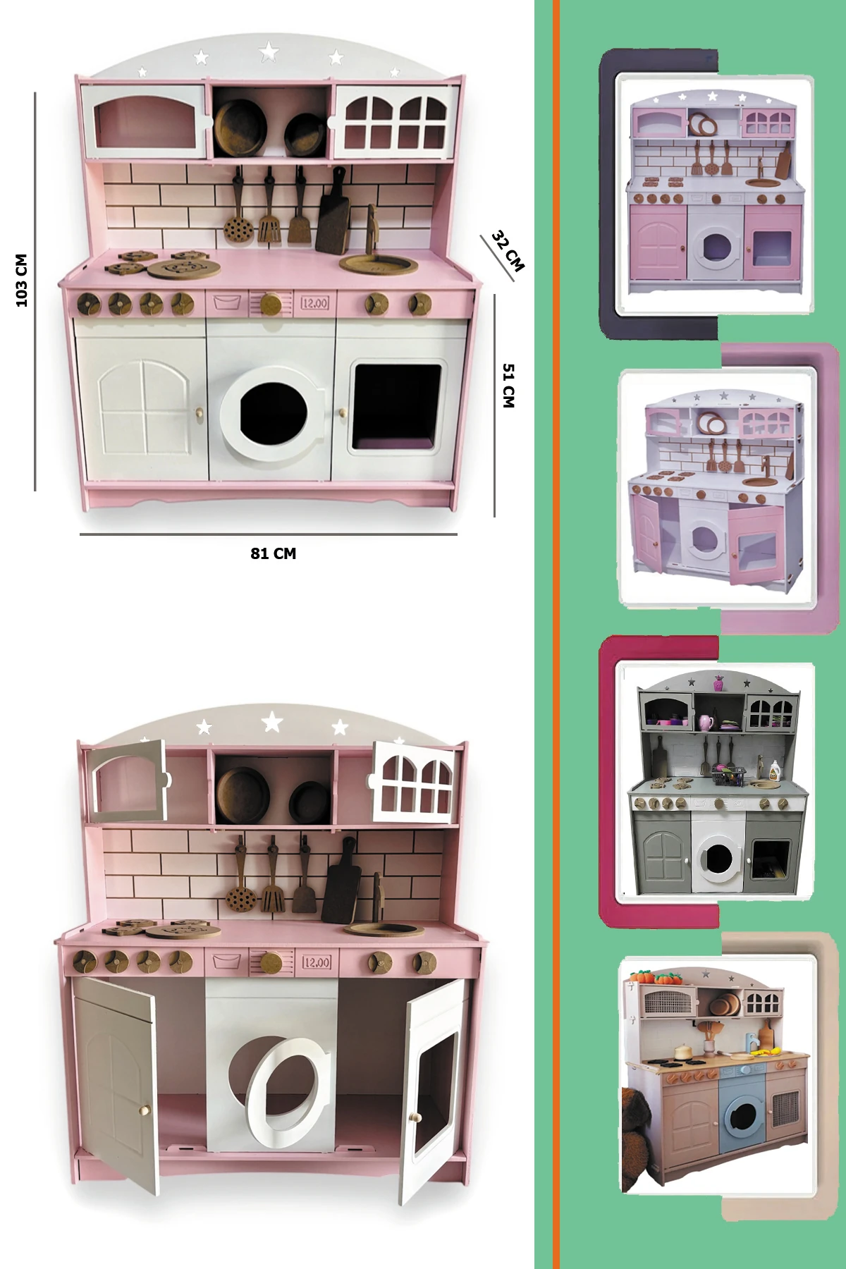 Ahşap Büyük Boy Çocuklar İçin Eğlenceli Oyuncak Mutfak Seti