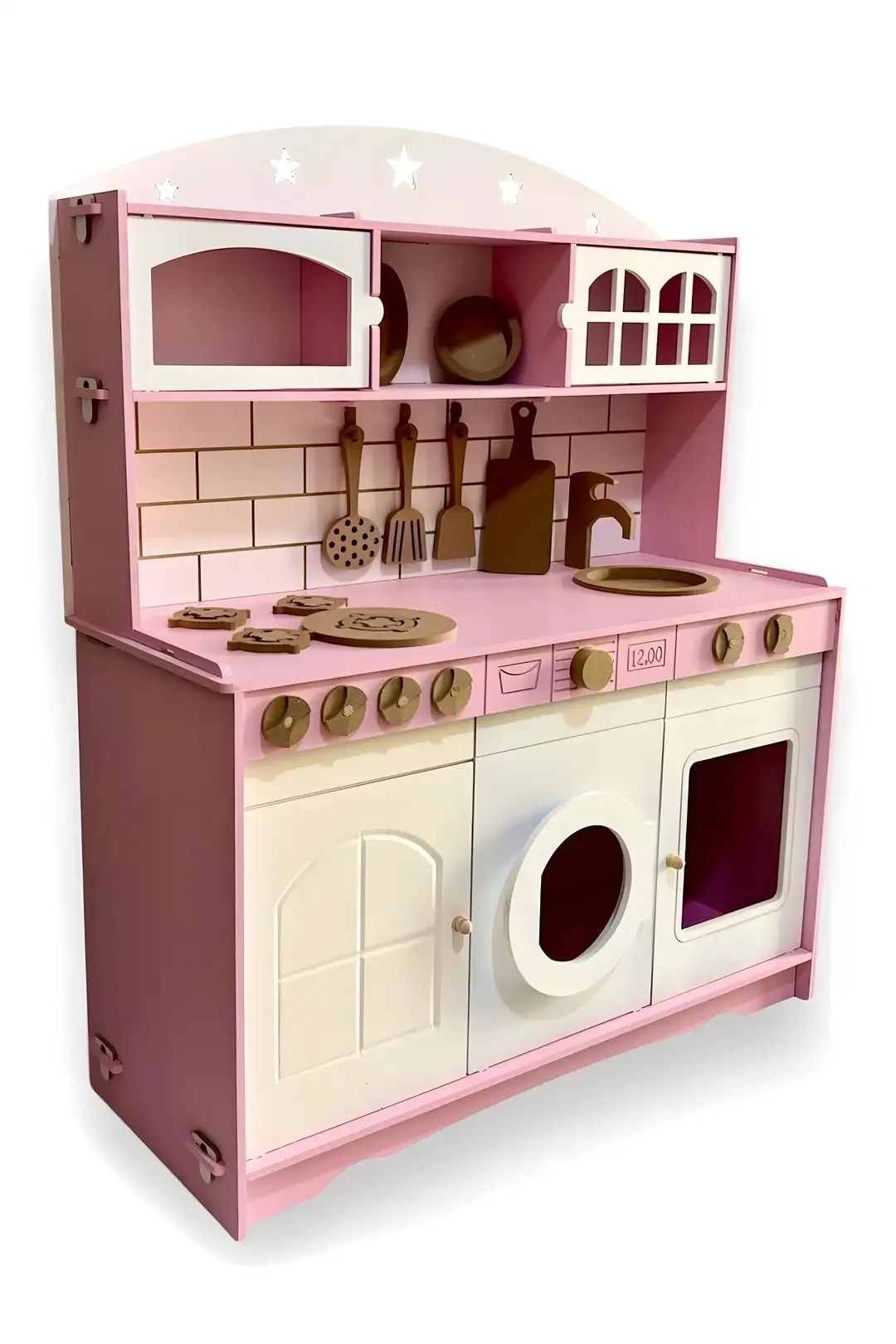 Ahşap Büyük Boy Montessori Oyuncak Rol Yapma Mutfak Seti Tabak+Spatula Hediye