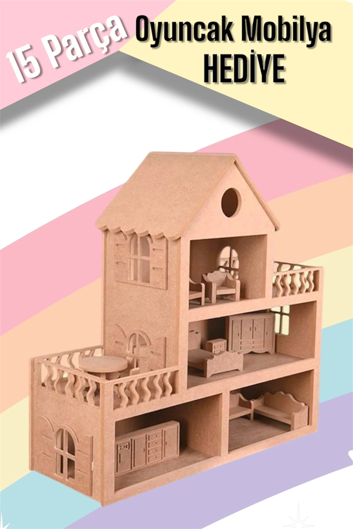 Çocuklar Için Eğitici Eğlenceli Barbie Bebek Evi Oyuncak (15 ADET MOBİLYALI)