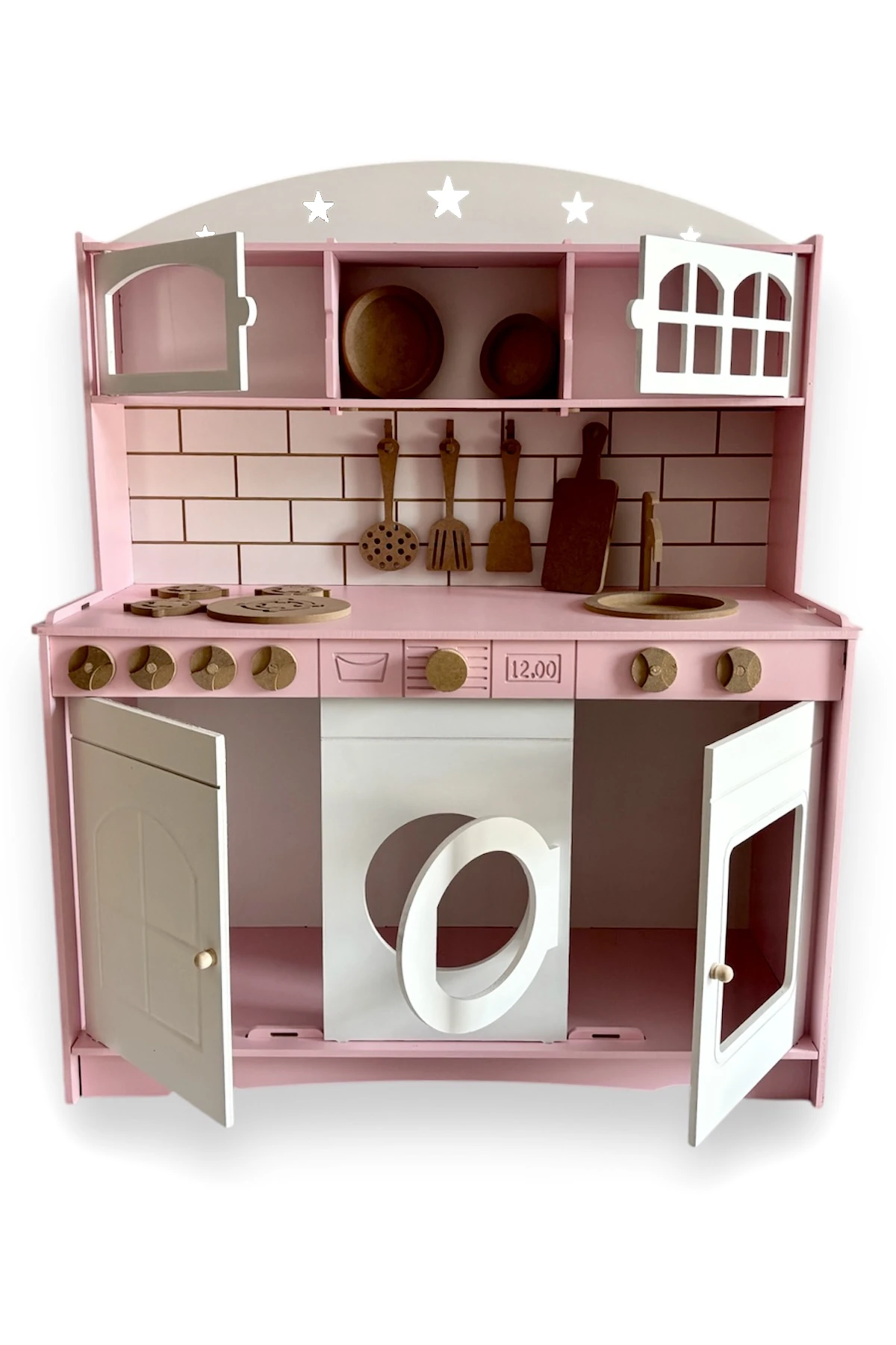 Boyalı Ahşap Oyuncak Mutfak Servis Seti Pembe- Beyaz