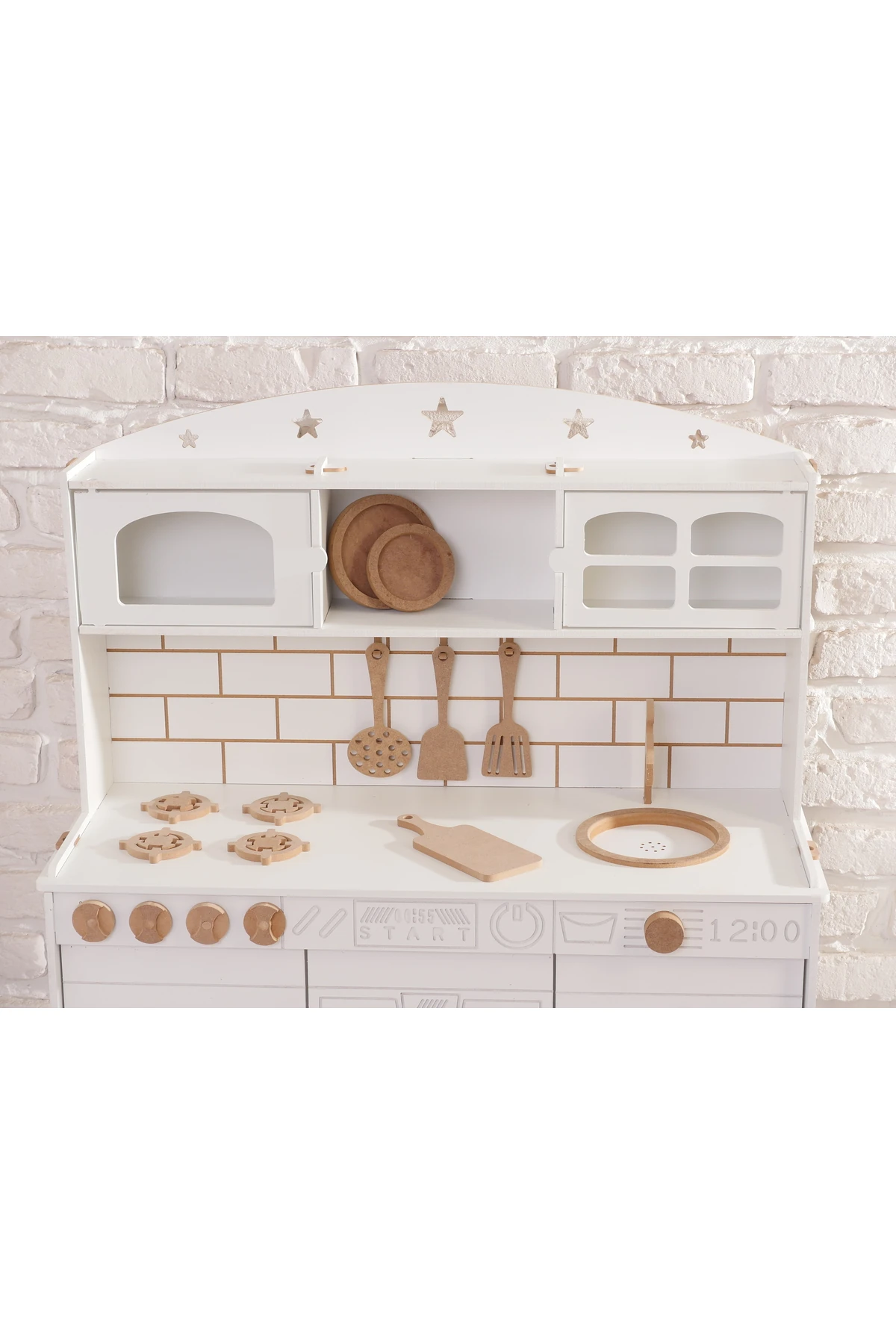 Boyalı Beyaz Ahşap Oyuncak Bulaşık Makine Detaylı Mutfak (Tabak ve Spatula Seti Hediye)