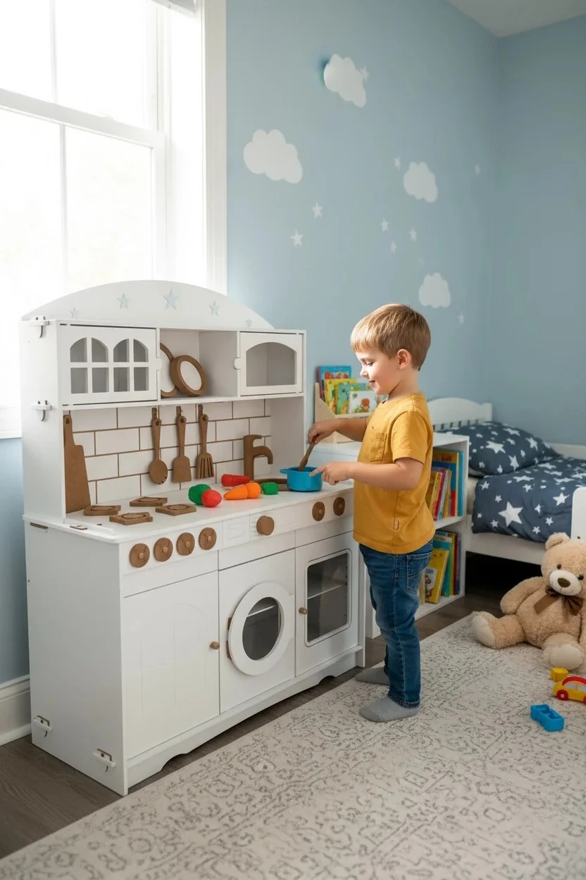 Beyaz Boyalı Ahşap Oyuncak Mutfak Servis Seti