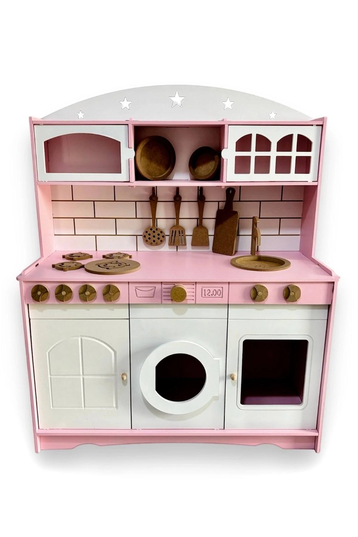 Boyalı Ahşap Oyuncak Mutfak Servis Seti Pembe- Beyaz