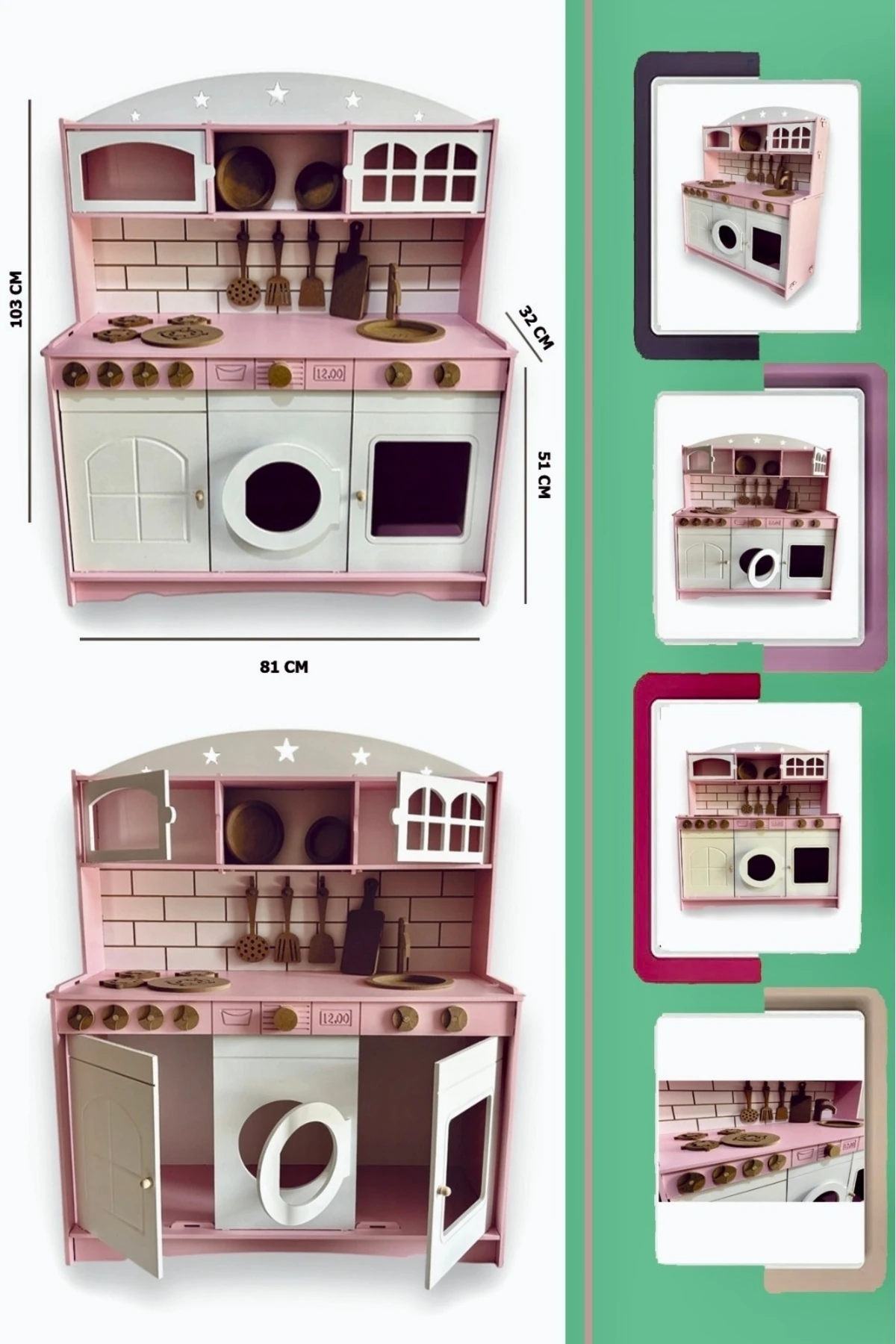 Boyalı Pembe Ahşap Oyuncak Mutfak (Tabak ve Spatula Seti )