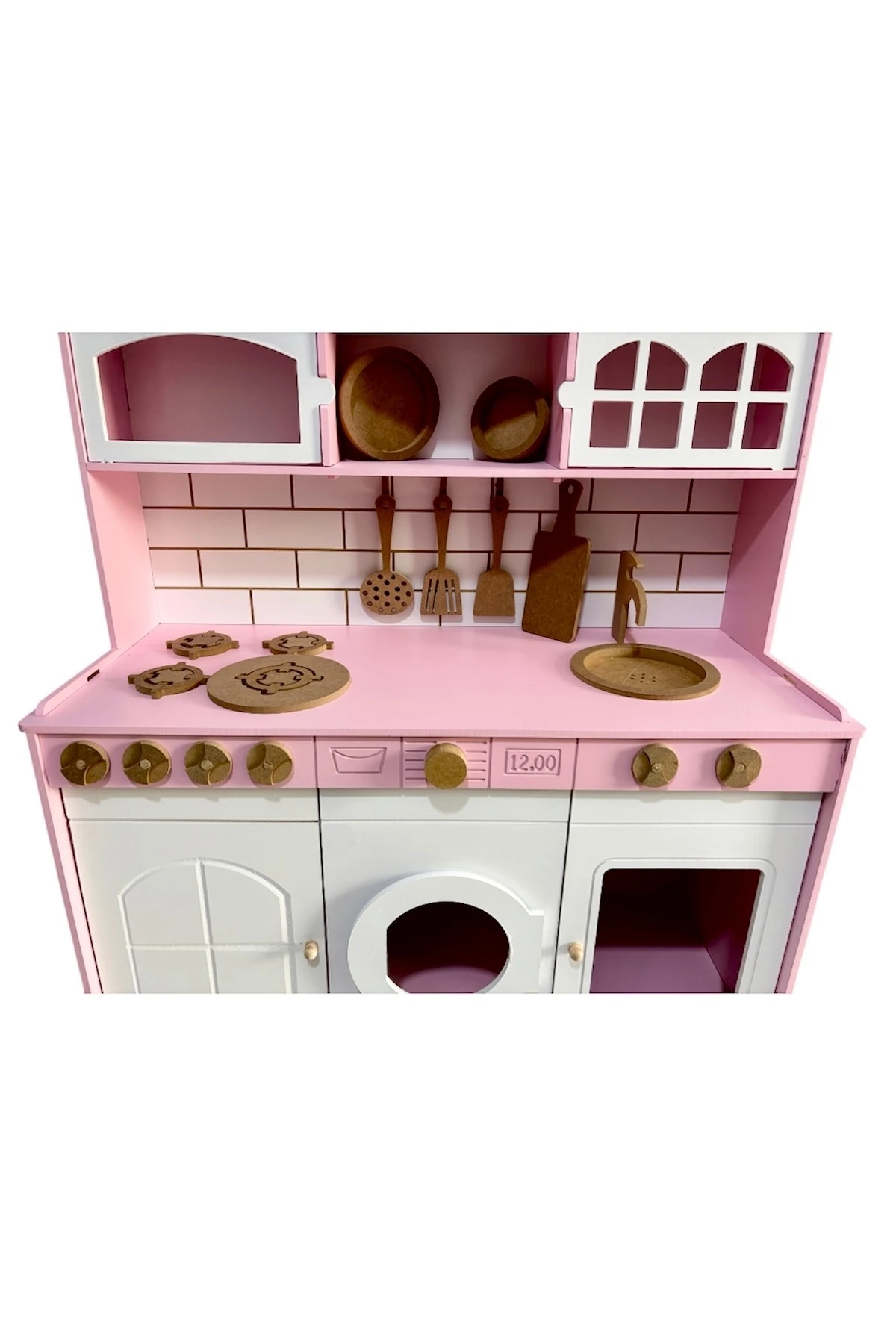 Boyalı Pembe Ahşap Oyuncak Mutfak (Tabak ve Spatula Seti )