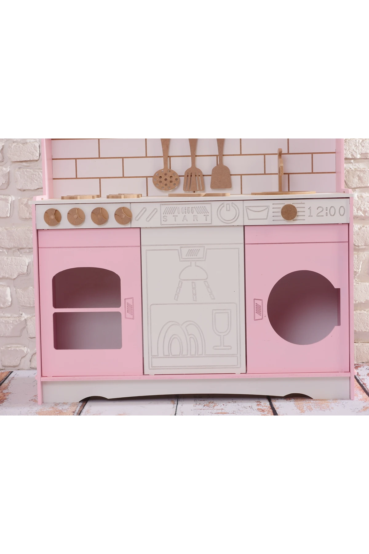 Boyalı Pembe Ahşap Oyuncak Bulaşık Makine Detaylı Mutfak (Tabak ve Spatula Seti Hediye)