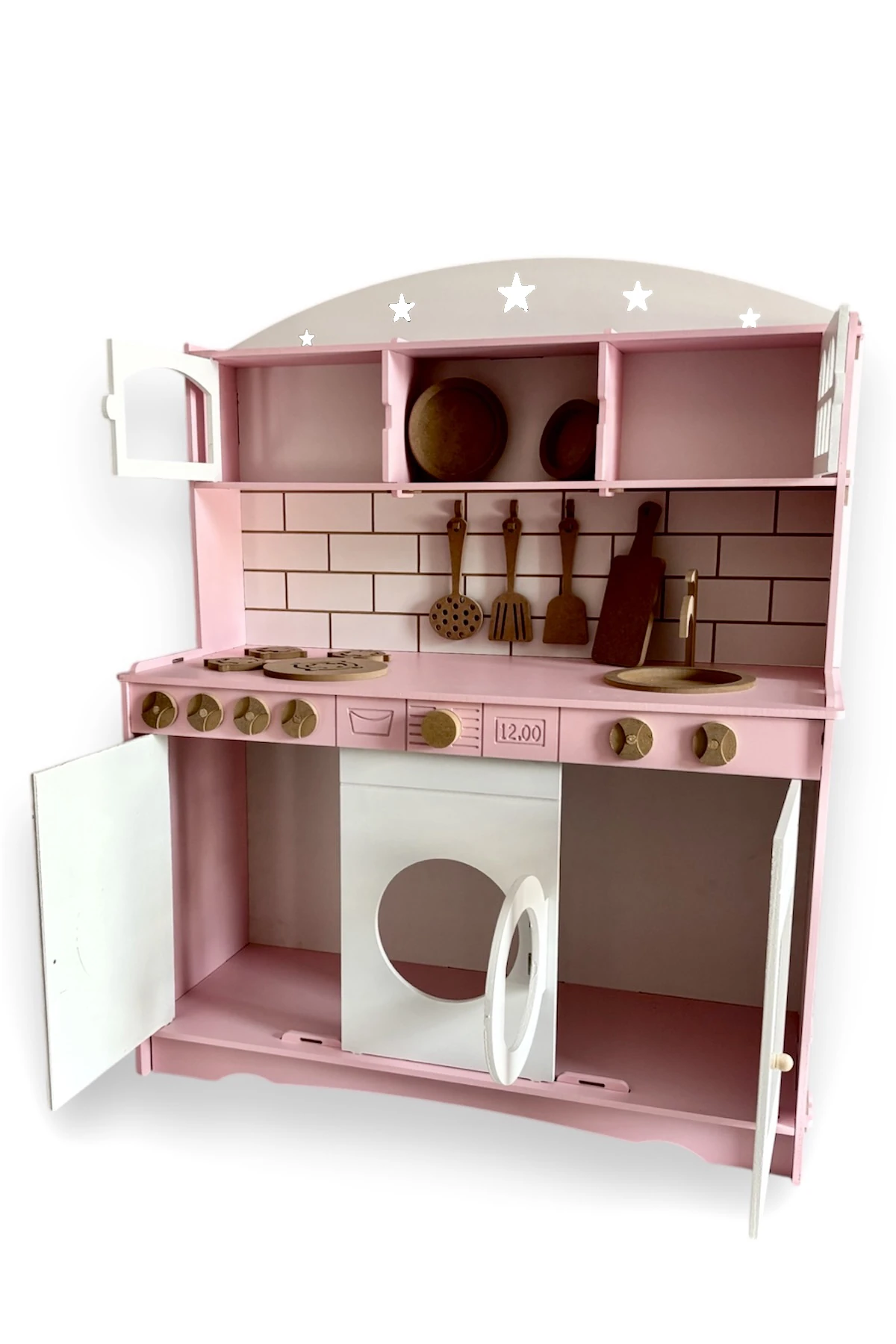 Boyalı Pembe Ahşap Oyuncak Mutfak (Tabak ve Spatula Seti )